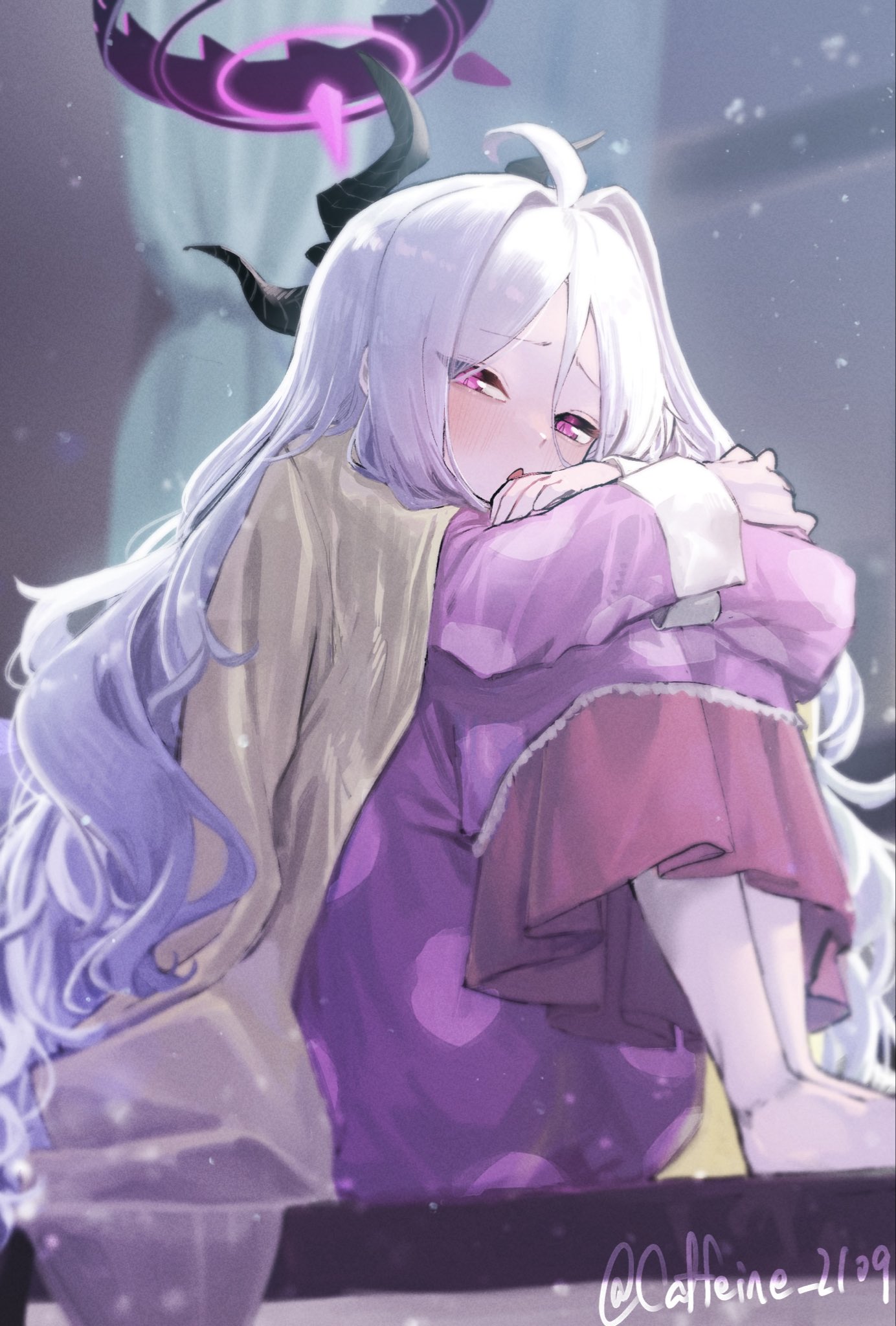 caffeine 2109, hina (blue archive), hina (pajamas) (blue archive), blue archive, commentary request, highres, ahoge, black halo, demon girl, demon horns, halo, horns, indoors, jacket, long hair, looking at viewer, pajamas, pink pajamas, polka dot, polka dot pajamas, sitting, very long hair, white hair, yellow jacket