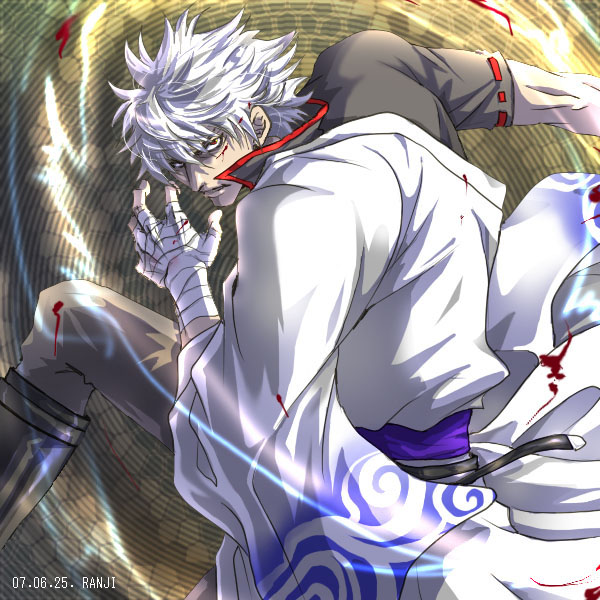 ranji, sakata gintoki, gintama, 00s, 1boy, 2007, bandages, battle, blood, boots, dated, epic, japanese clothes, male focus, manly, mosaic background, off shoulder, red eyes, robe, short hair, solo, sword, weapon, white hair