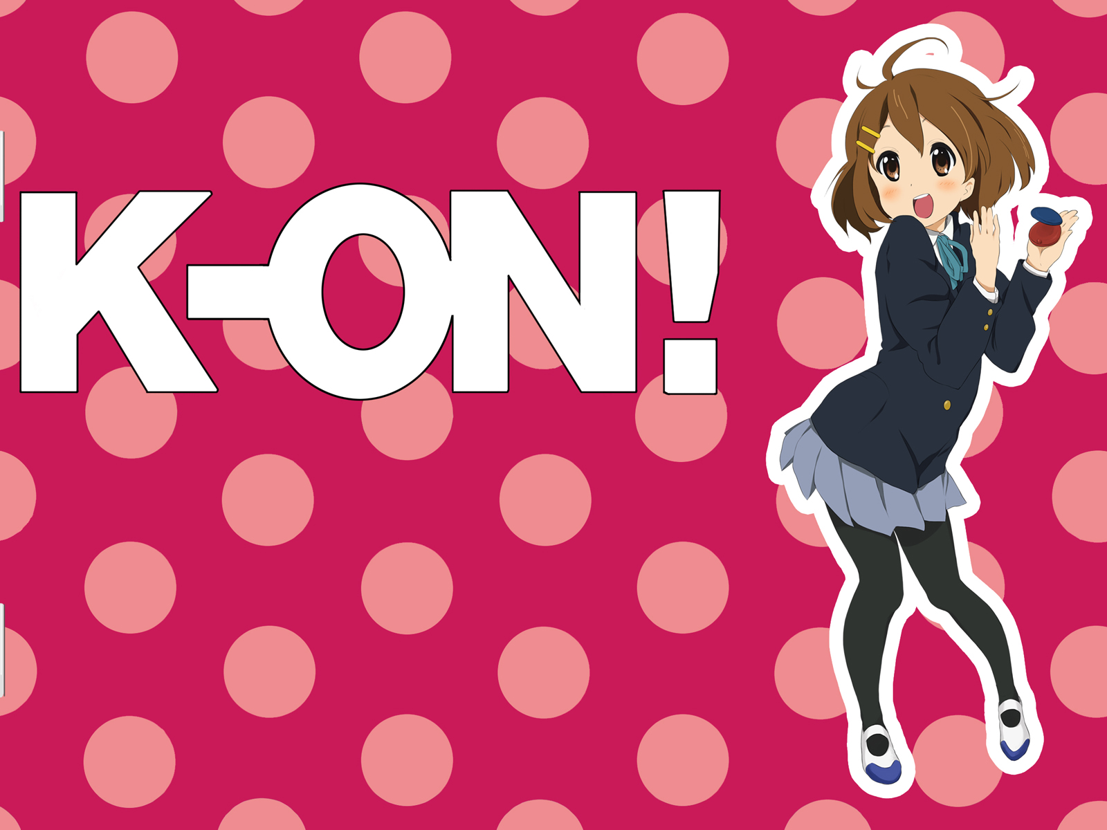 tokiwakinya, hirasawa yui, k-on!, highres, 00s, 1girl, ahoge, blush, brown eyes, brown hair, castanets, english text, female focus, hair ornament, hairclip, happy, instrument, pantyhose, polka dot, school uniform, short hair, skirt, solo, un tan