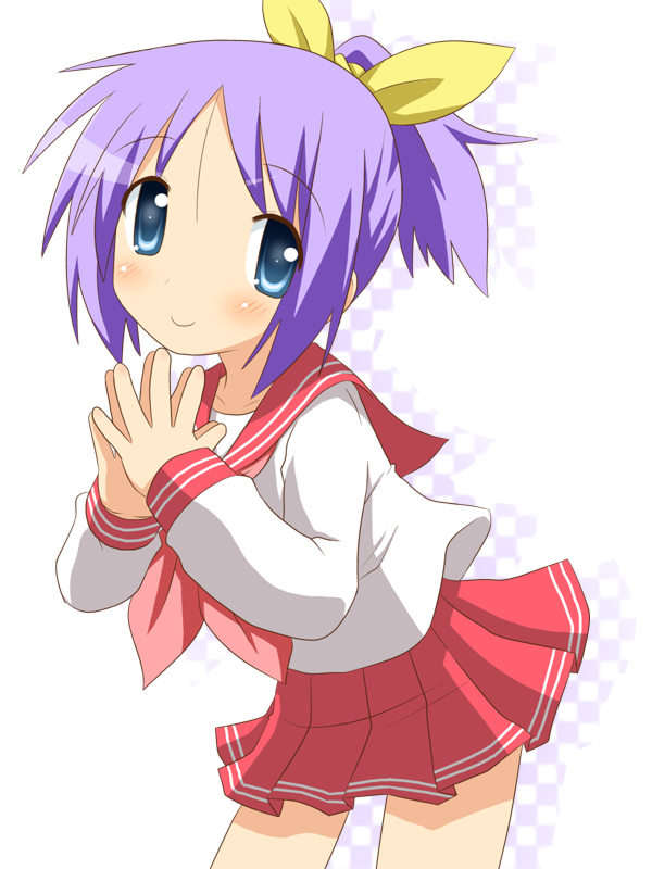 minami (colorful palette), hiiragi tsukasa, lucky star, 00s, 1girl, alternate hairstyle, blue eyes, blush, female focus, hair ribbon, hair up, leaning forward, ponytail, purple hair, ribbon, school uniform, serafuku, short hair, skirt, smile, solo, white background