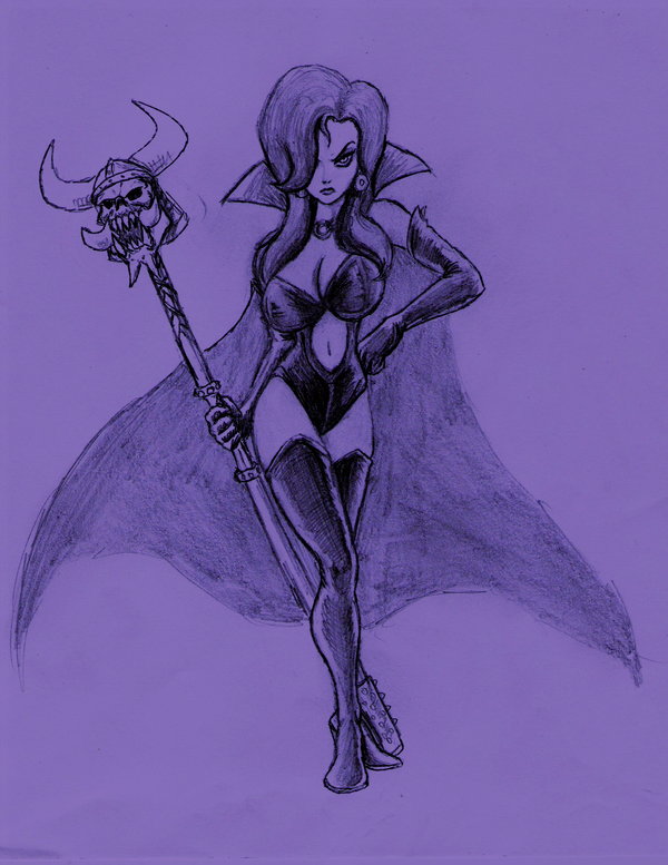 dark queen, battletoads, rareware, 1girl, bare shoulders, black hair, breasts, cape, cleavage, clothing cutout, curvy, dominatrix, elbow gloves, fake horns, female focus, full body, gloves, hair over one eye, hand on own hip, helmet, horned helmet, horns, leather, looking at viewer, medium breasts, monochrome, navel cutout, purple background, queen, simple background, sketch, solo, staff, standing