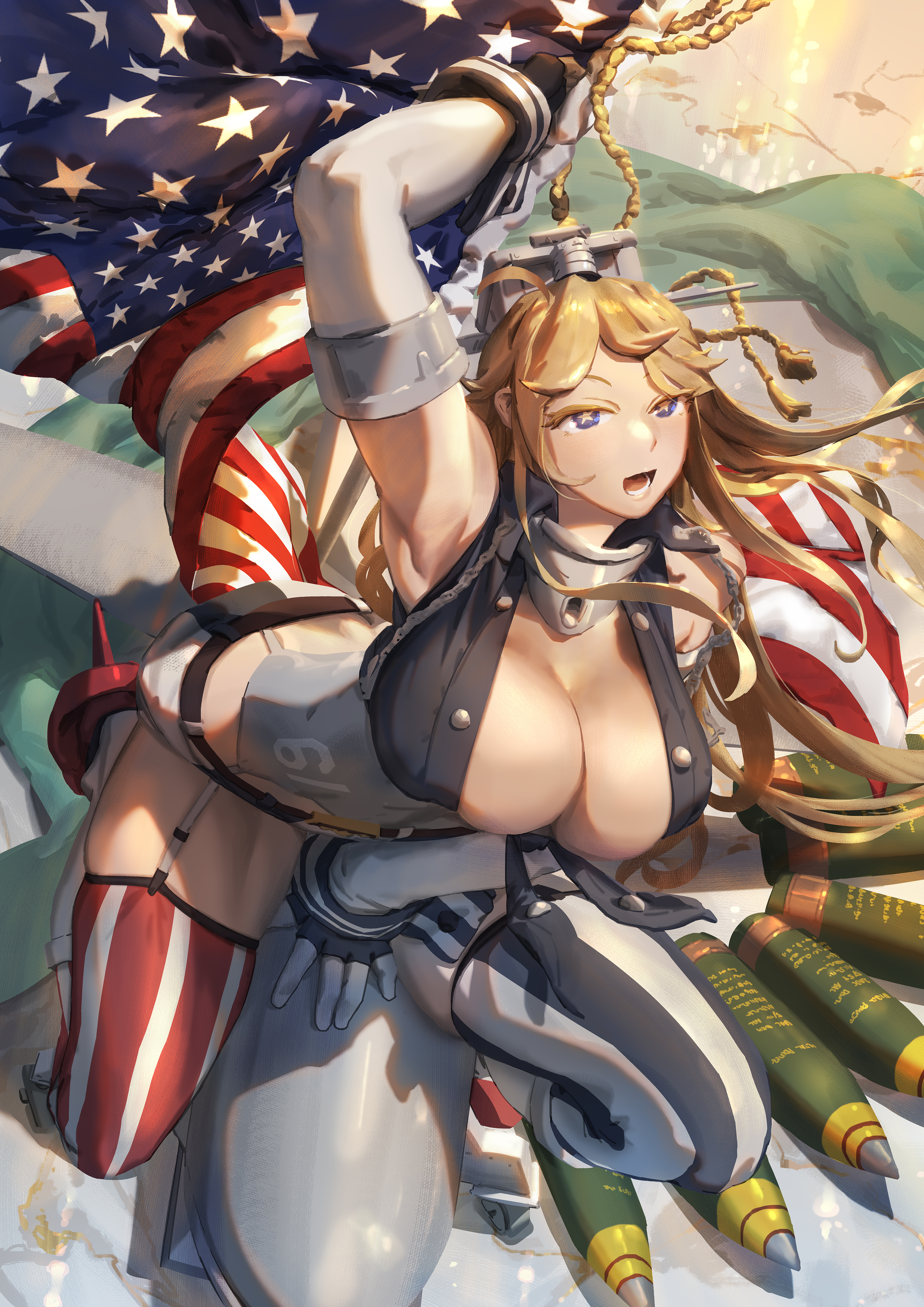 ye fan, iowa (kancolle), kantai collection, absurdres, commentary, highres, 1girl, american flag, american flag legwear, ammunition, artillery shell, asymmetrical legwear, blonde hair, blue eyes, breasts, cleavage, flag print, front-tie top, garter straps, headgear, large breasts, long hair, looking at viewer, mismatched legwear, open mouth, skirt, solo, star-shaped pupils, star (symbol), striped clothes, striped skirt, striped thighhighs, symbol-shaped pupils, thighhighs, vertical-striped clothes, vertical-striped skirt, vertical-striped thighhighs