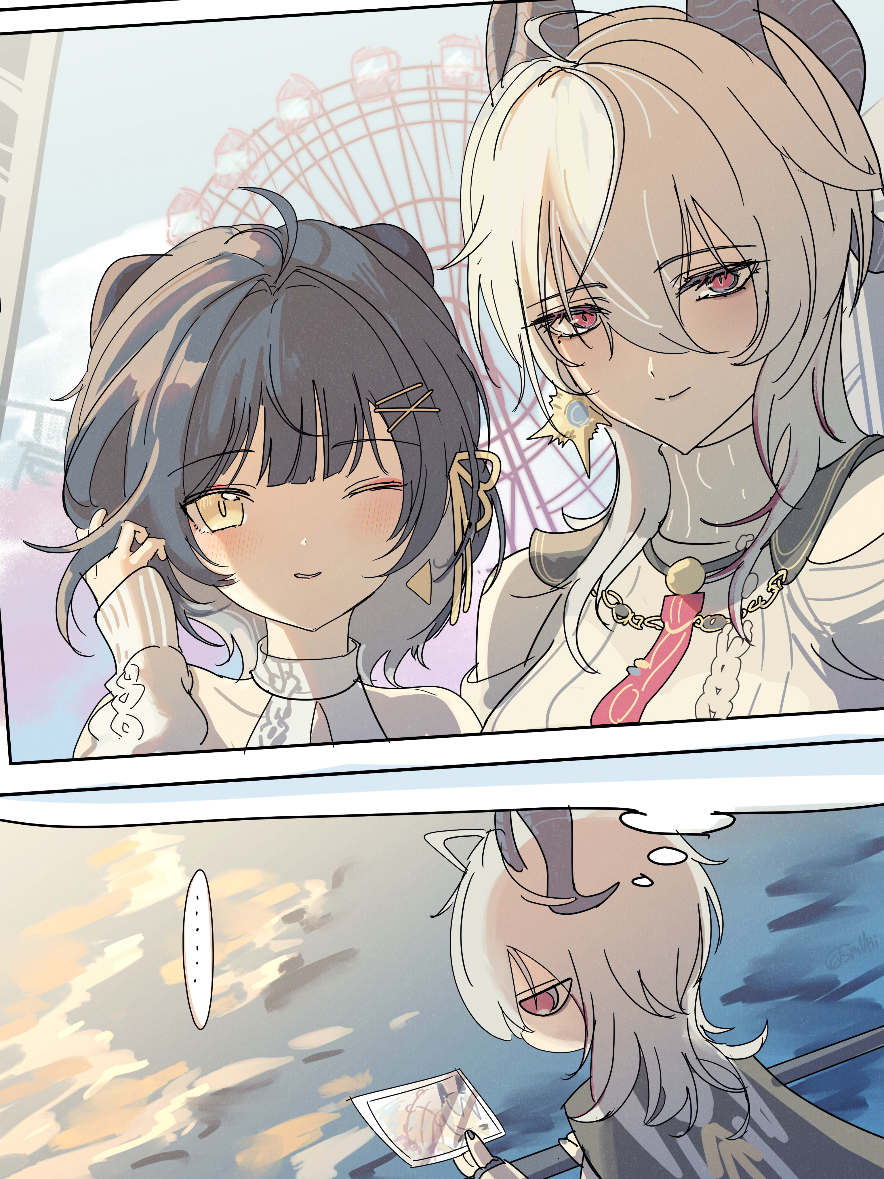 female rover (wuthering waves), rover (wuthering waves), zani (downtown repose) (wuthering waves), zani (wuthering waves), wuthering waves, absurdres, commentary request, highres, …, 2girls, ahoge, alternate costume, black horns, black jacket, closed mouth, curled horns, ferris wheel, hair between eyes, hair ribbon, hand up, holding, holding photo, horns, jacket, jacket on shoulders, light blush, long hair, looking at object, looking at viewer, multicolored hair, multiple girls, mutii, official alternate costume, one eye closed, photo (object), red eyes, ribbon, smile, streaked hair, yellow eyes, yellow ribbon