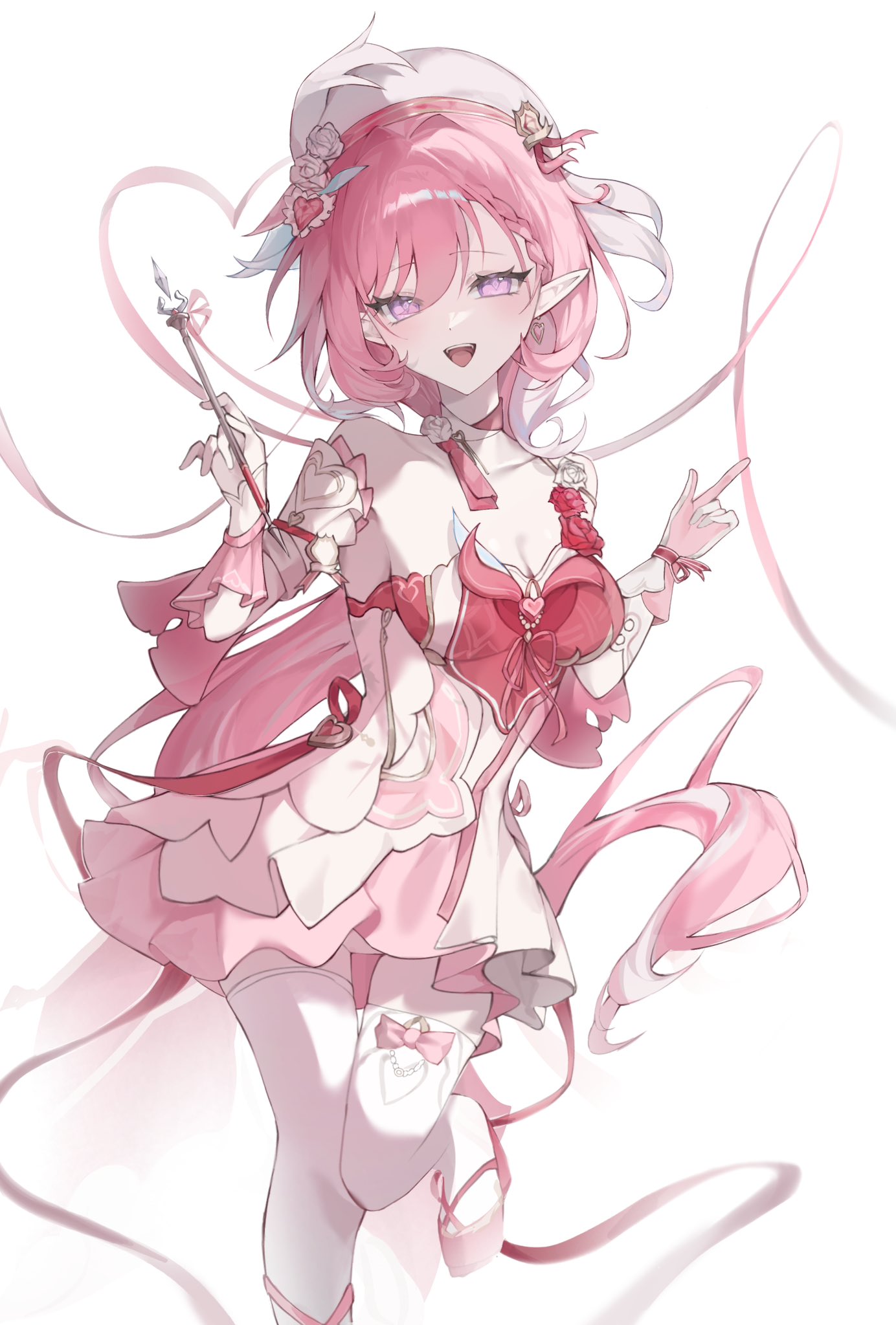 elysia (hi love elf) (honkai impact), elysia (honkai impact), honkai (series), honkai impact 3rd, commentary, highres, 1girl, beret, breasts, cleavage, diamond-shaped pupils, diamond (shape), dress, elf, eyepatch, hat, heart, heart eyepatch, holding ribbon baton, large breasts, long hair, looking at viewer, multicolored dress, multicolored hair, pink dress, pink hair, pointy ears, purple eyes, red dress, sellfishu, simple background, smile, solo, symbol-shaped pupils, thighhighs, two-tone hair, very long hair, white background, white dress, white hair, white thighhighs