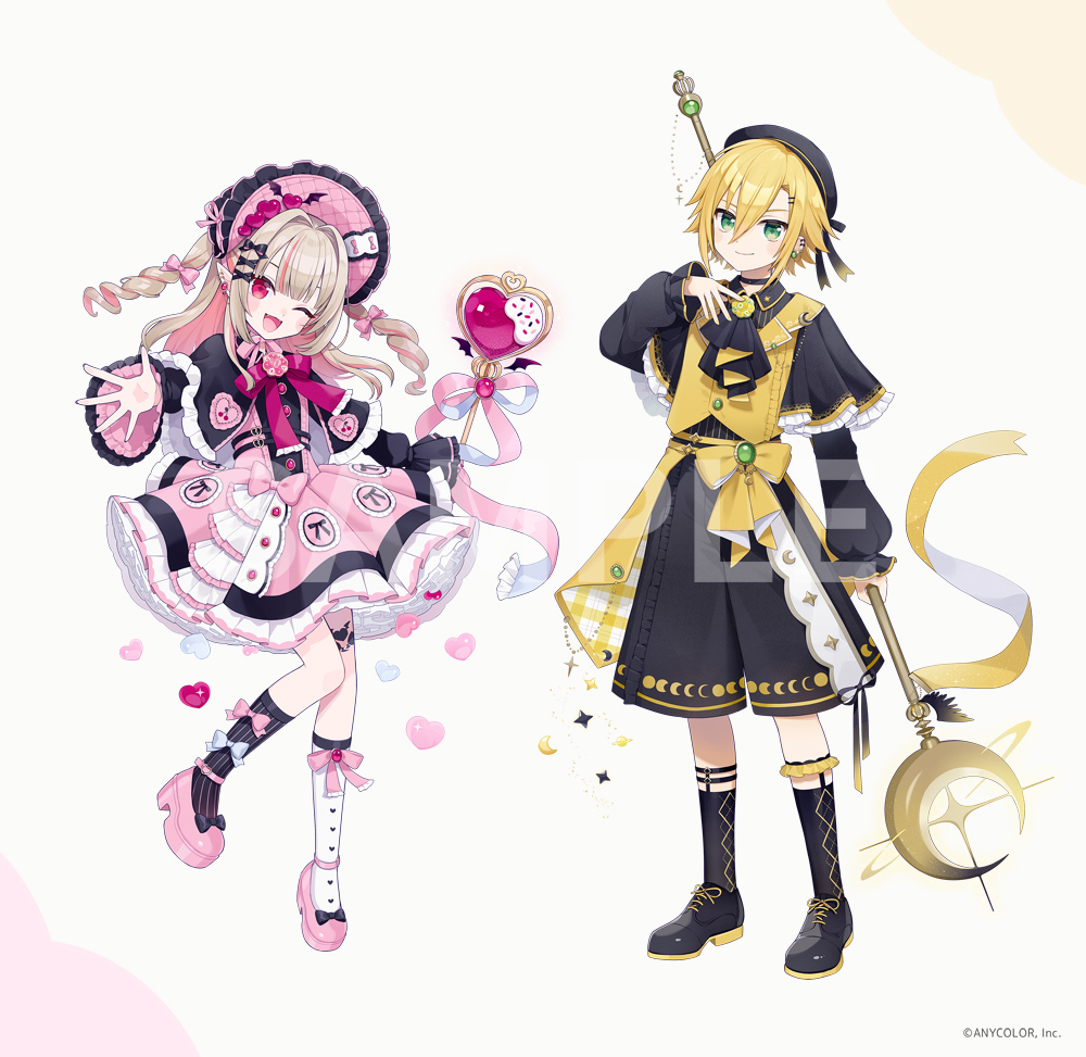 chon (chon33v), makaino ririmu, uzuki kou, nijisanji, commentary request, official art, 1boy, 1girl, alternate costume, ascot, asymmetrical legwear, beret, black ascot, black capelet, black hat, black shoes, black socks, blonde hair, bonnet, brown hair, capelet, collared shirt, copyright notice, crescent moon, dress, frilled dress, frilled sleeves, frills, full body, green eyes, hair intakes, hat, heart wand, high heels, holding, holding wand, kneehighs, layered sleeves, legwear garter, loafers, long hair, looking at viewer, mismatched legwear, moon, multicolored hair, one eye closed, pink bonnet, pink dress, pink shoes, pink straps, pinstripe pattern, platform shoes, sample watermark, shirt, shoes, simple background, smile, socks, streaked hair, two-sided fabric, two side up, vest, virtual youtuber, wand, watermark, white background, white socks, yellow vest