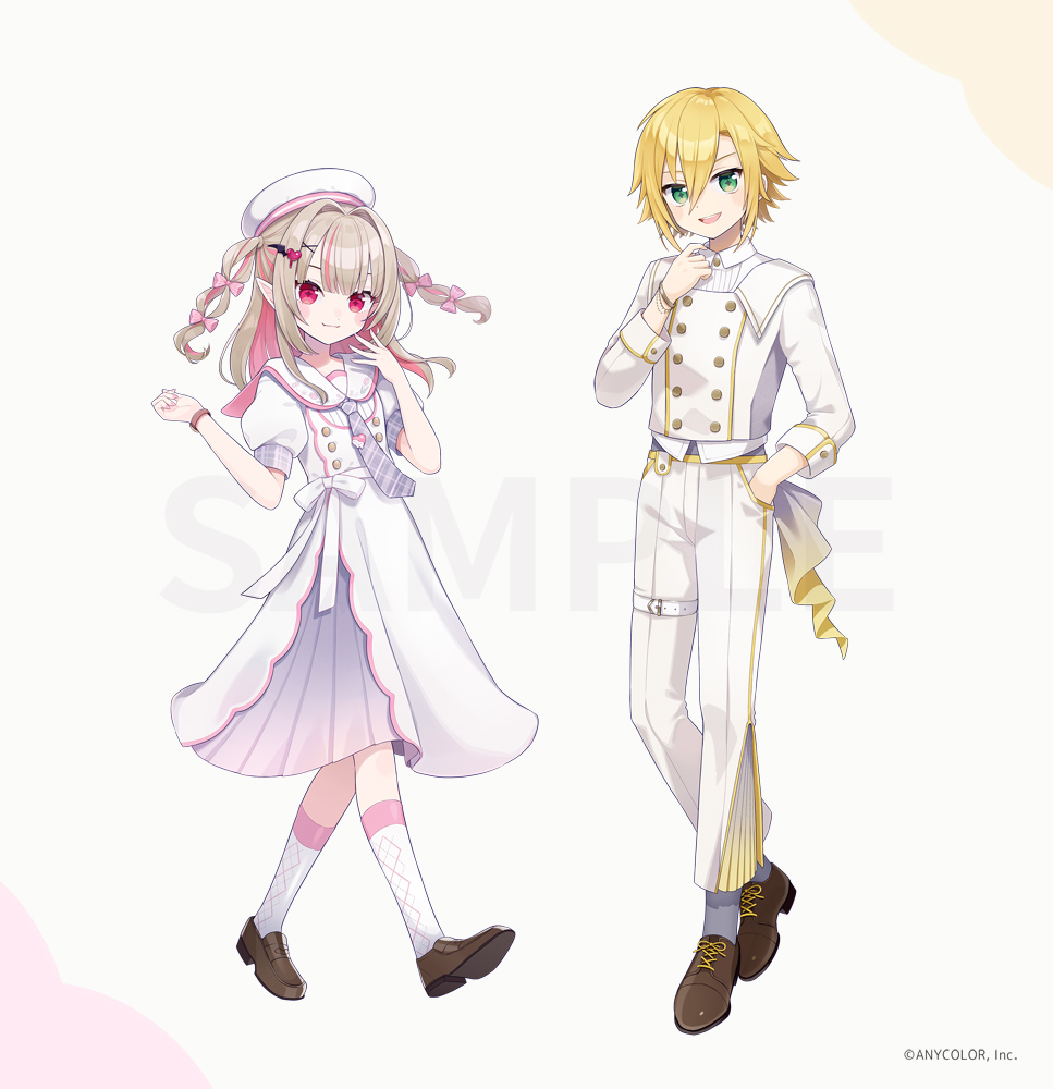 chon (chon33v), makaino ririmu, uzuki kou, nijisanji, commentary request, official art, 1boy, 1girl, alternate costume, beret, blonde hair, bow, brown hair, brown shoes, buttons, copyright notice, double-breasted, full body, green eyes, hair bow, hair intakes, hat, loafers, long hair, long skirt, looking at viewer, multicolored hair, pants, pink eyes, pointy ears, sample watermark, shirt, shoes, short hair, simple background, skirt, smile, streaked hair, two-tone hair, two side up, virtual youtuber, watermark, white background, white hat, white pants, white shirt, white skirt