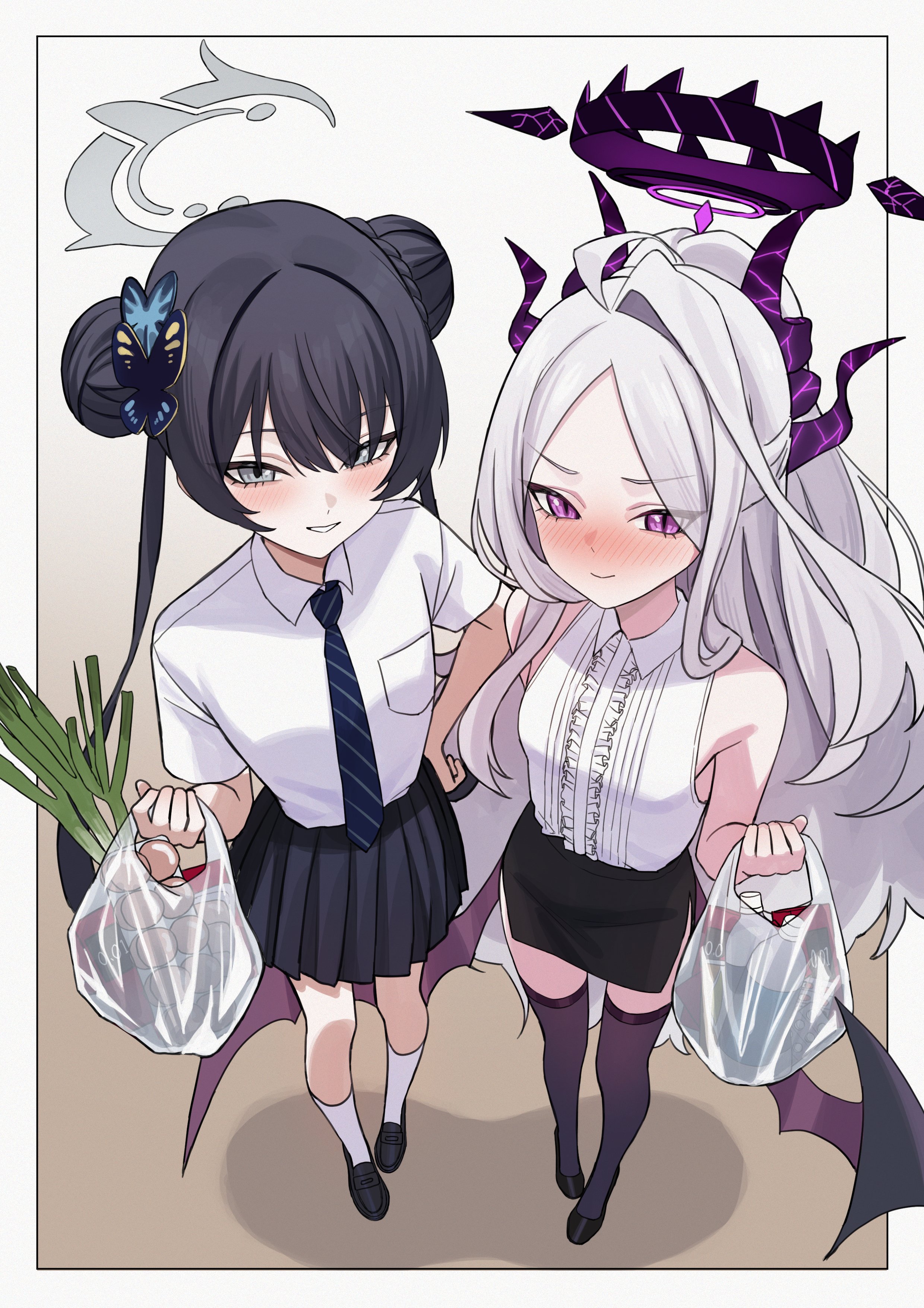 hina (blue archive), kisaki (blue archive), blue archive, absurdres, commentary, english commentary, highres, 2girls, ahoge, bag, black hair, black halo, black horns, black necktie, black shirt, black skirt, black wings, blush, bottle, braid, braided bun, breasts, butterfly hair ornament, closed mouth, collared shirt, demon girl, demon horns, demon wings, dot nose, double bun, frilled shirt, frills, full body, grey eyes, grey halo, grin, hair bun, hair ornament, hair over shoulder, half-closed eyes, halo, hand on own hip, hand up, holding, holding bag, horns, loafers, loli, long hair, looking at viewer, low wings, multiple girls, multiple horns, necktie, paper bag, parted bangs, pleated skirt, purple eyes, school uniform, senapops2, shirt, shirt pocket, shirt tucked in, shoes, short sleeves, skirt, sleeveless, sleeveless shirt, small breasts, smile, socks, spring onion, standing, thighhighs, twintails, very long hair, water bottle, white hair, white shirt, white socks, wings, zettai ryouiki