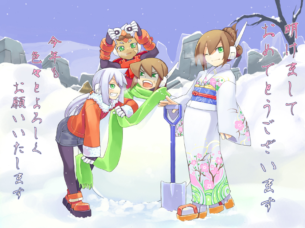 shigehiro (hiroi heya), aile (mega man zx), ashe (mega man), grey (mega man), vent (mega man), capcom, mega man (series), mega man zx, mega man zx advent, source request, translation request, 2boys, 2girls, aqua hair, brown hair, green eyes, grey hair, multiple boys, multiple girls, one eye closed, pantyhose, snow, snowman, wink