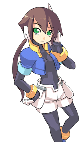shigehiro (hiroi heya), aile (mega man zx), capcom, mega man (series), mega man zx, mega man zx advent, animated, animated gif, lowres, 1girl, alternate hairstyle, bodysuit, braid, brown hair, female focus, fingerless gloves, glasses, gloves, green eyes, long hair, looking at viewer, ponytail, robot ears, short hair, shorts, smile, solo, spandex