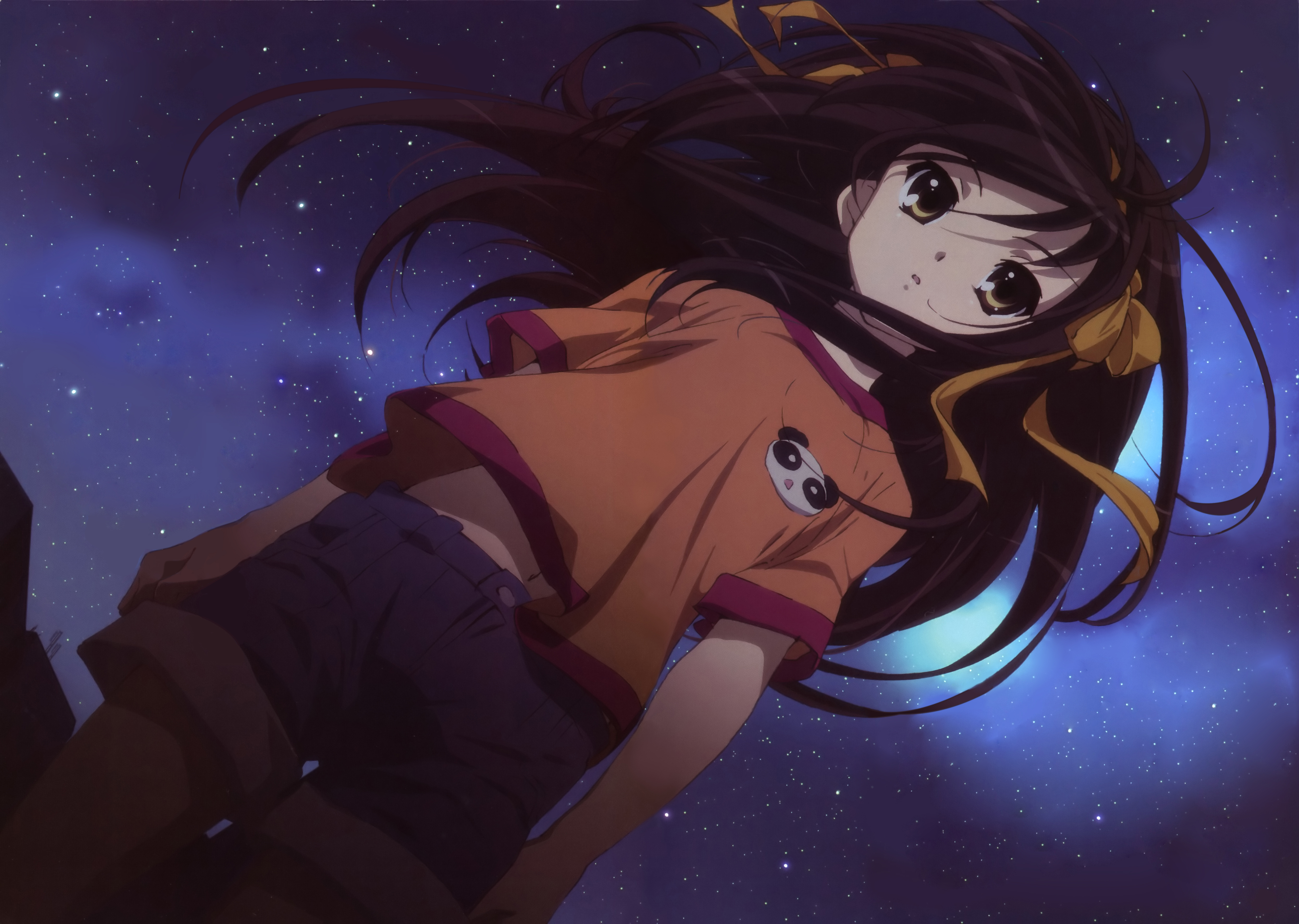 nishiya futoshi, suzumiya haruhi, suzumiya haruhi (young), suzumiya haruhi no yuuutsu, absurdres, detexted, highres, non-web source, third-party edit, 00s, 1girl, aged down, brown eyes, casual, dutch angle, female focus, long hair, navel, night, orange shirt, ribbon, shirt, sky, solo, star (sky), star (symbol), starry sky, very long hair