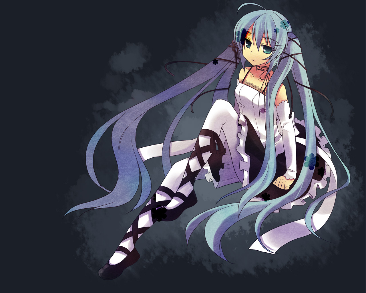 tamura hiro, hatsune miku, vocaloid, yami-iro alice (vocaloid), aqua eyes, aqua hair, blue eyes, blue hair, detached sleeves, gothic lolita, green eyes, green hair, lolita fashion, long hair, pantyhose, skirt, solo, twintails, very long hair, white pantyhose