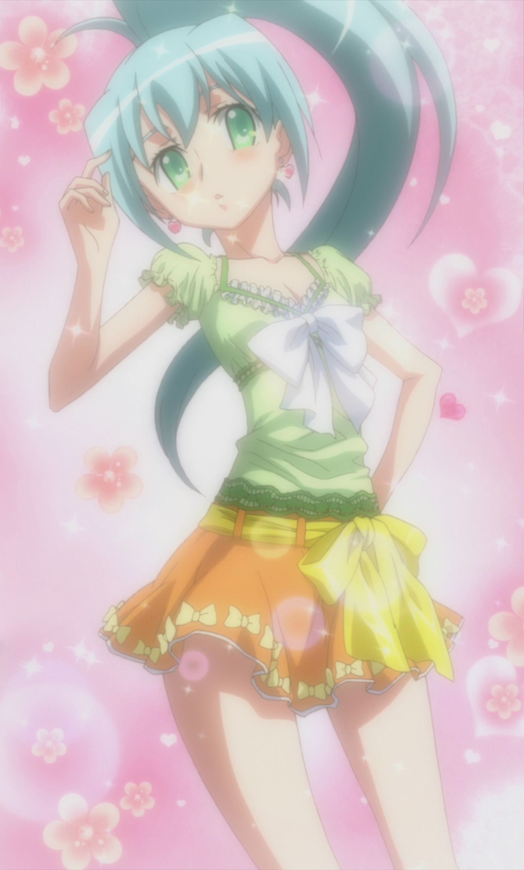 kawai honoka, sora wo kakeru shoujo, absurdres, anime screenshot, highres, stitched, third-party edit, 00s, 1girl, aqua hair, blush, bow, breasts, cleavage, earrings, female focus, flower, green eyes, jewelry, long hair, ponytail, skirt, small breasts, solo