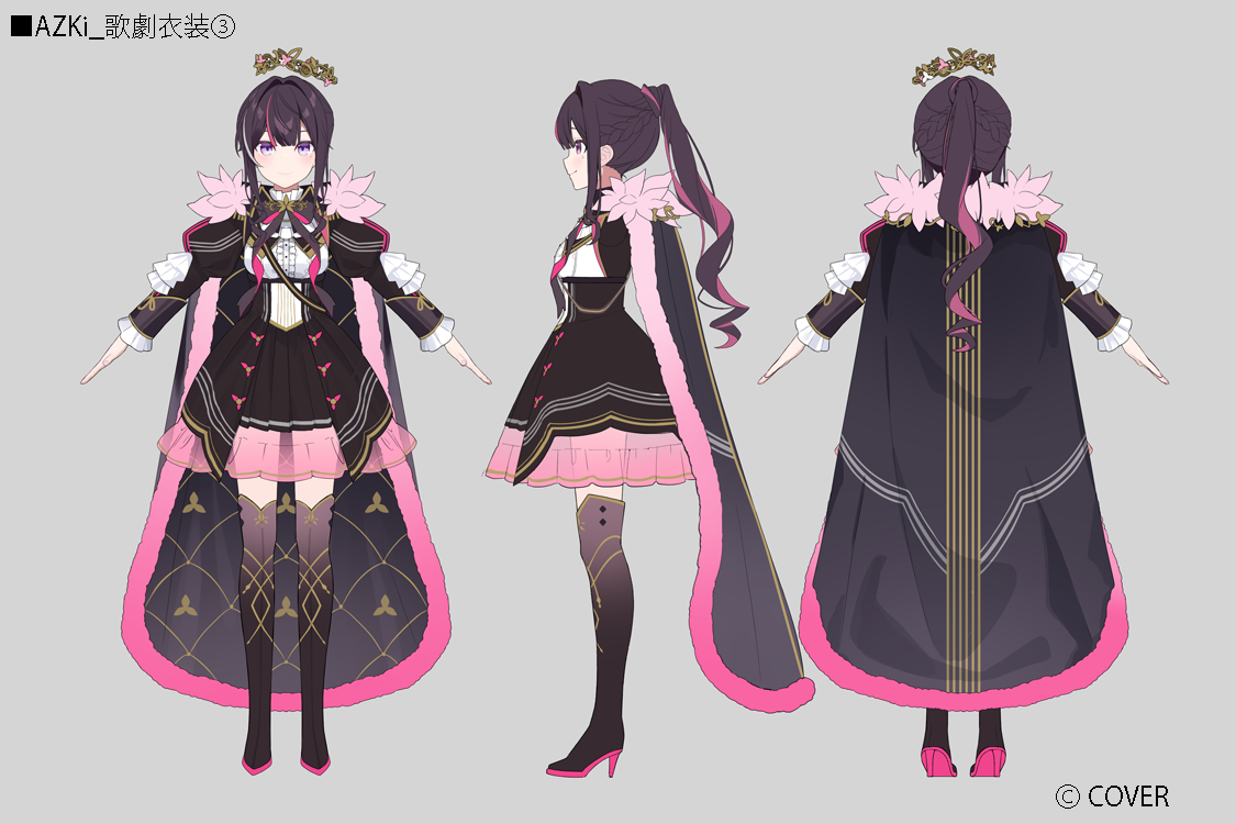 muto (n0sug4r), azki (departure) (hololive), azki (hololive), hololive, bilingual commentary, mixed-language commentary, official art, second-party source, translation request, 1girl, a-pose, black boots, black bow, black bowtie, black cape, black corset, black dress, boots, bow, bowtie, brown hair, cape, center frills, closed mouth, colored inner hair, colored shoe soles, company name, copyright notice, corset, crown, double-parted bangs, dress, feather-trimmed cape, floating crown, frilled shirt collar, frills, full body, gold trim, grey background, hair between eyes, hair intakes, high heel boots, high heels, high ponytail, holding, jacket, juliet sleeves, layered skirt, long hair, long sleeves, looking at viewer, miniskirt, mole, mole under eye, multicolored hair, multiple views, official alternate costume, official alternate hairstyle, pink hair, pleated skirt, ponytail, puffy sleeves, purple eyes, reference sheet, see-through skirt layer, shirt, sidelocks, simple background, skirt, straight-on, streaked hair, thigh boots, turnaround, virtual youtuber, white streaks