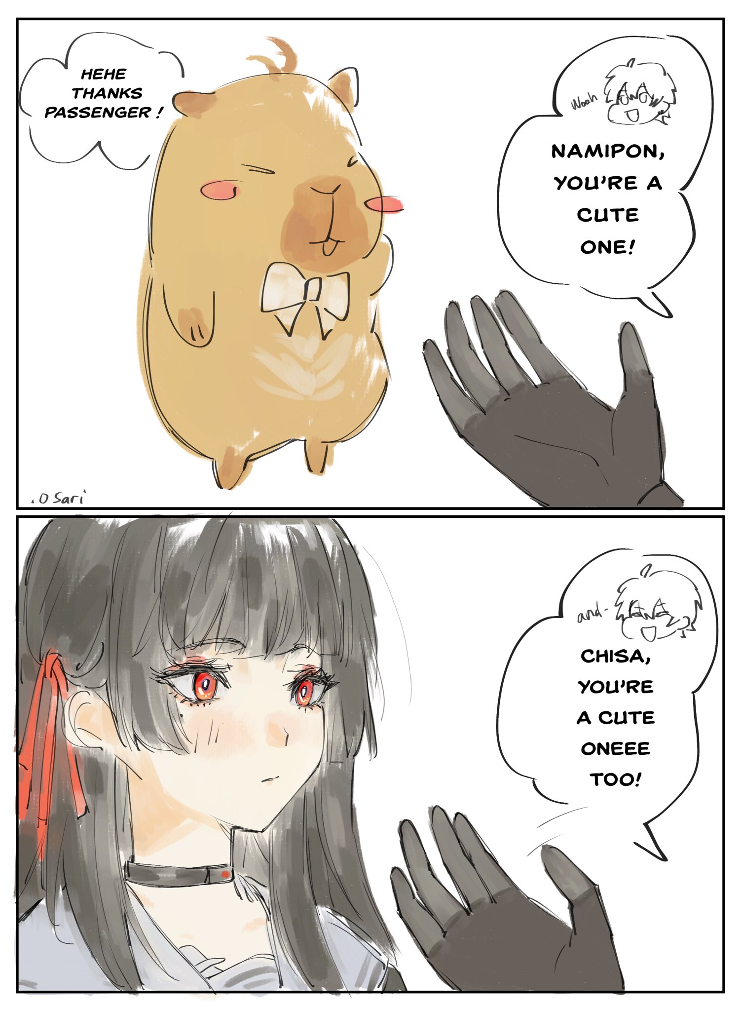 chisa (wuthering waves), male rover (wuthering waves), rover (wuthering waves), wuthering waves, highres, .osari, 1boy, 1girl, black choker, black gloves, black hair, blush, choker, closed mouth, english text, gloves, grey sailor collar, hair ribbon, hand up, mole, mole under eye, namipon (wuthering waves), red eyes, red ribbon, ribbon, sailor collar, twitter username