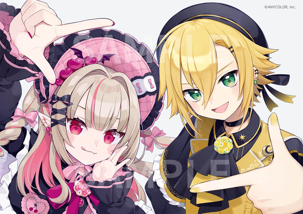 chon (chon33v), makaino ririmu, uzuki kou, nijisanji, commentary request, official art, 1boy, 1girl, alternate costume, beret, black choker, black hat, blonde hair, bonnet, brown hair, choker, collared shirt, copyright notice, earrings, finger frame, green eyes, hair intakes, hat, jewelry, long hair, looking at viewer, multicolored hair, nail polish, pink bonnet, pink eyes, pointy ears, sample watermark, shirt, short hair, simple background, smile, streaked hair, tongue, tongue out, two-tone background, two-tone hair, upper body, virtual youtuber, watermark, white background