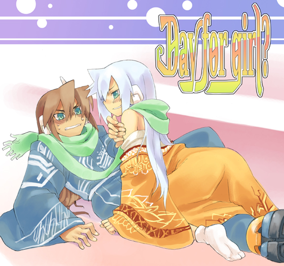 shigehiro (hiroi heya), ashe (mega man), vent (mega man), capcom, mega man (series), mega man zx, mega man zx advent, 1boy, 1girl, aqua hair, bare shoulders, blue eyes, blush, brown hair, green eyes, long hair, socks, white hair