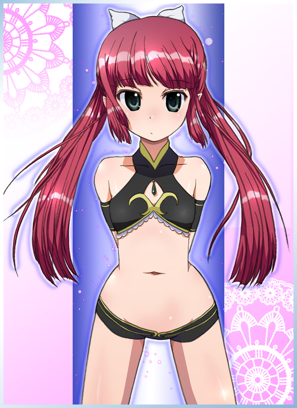 ryuu ryuu, urin (umi monogatari), umi monogatari, 00s, 1girl, armband, arms behind back, bare shoulders, bikini, black bikini, child, female focus, flat chest, long hair, lowleg, navel, red hair, ribbon, short shorts, shorts, solo, swimsuit, twintails