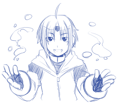 shigehiro (hiroi heya), thetis (mega man), capcom, mega man (series), mega man zx, mega man zx advent, lowres, 1boy, ahoge, blue theme, male focus, monochrome, solo