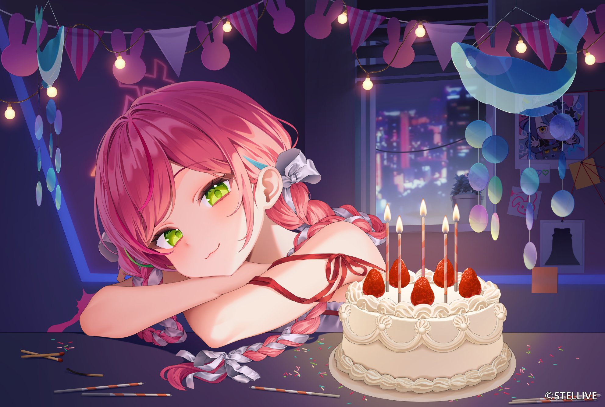 reel (riru), peto (hanako nana), stellive, commentary request, highres, korean commentary, official art, variant set, 1girl, arm pillow, arm ribbon, birthday cake, bow, braid, cake, candle, closed mouth, copyright notice, cropped shoulders, food, fruit, green eyes, hair bow, hair ribbon, indoors, light bulb, long hair, looking at viewer, matches, multicolored hair, night, parted bangs, pink hair, ribbon, ribbon braid, smile, solo, strawberry, streaked hair, virtual youtuber, white bow, white ribbon, window