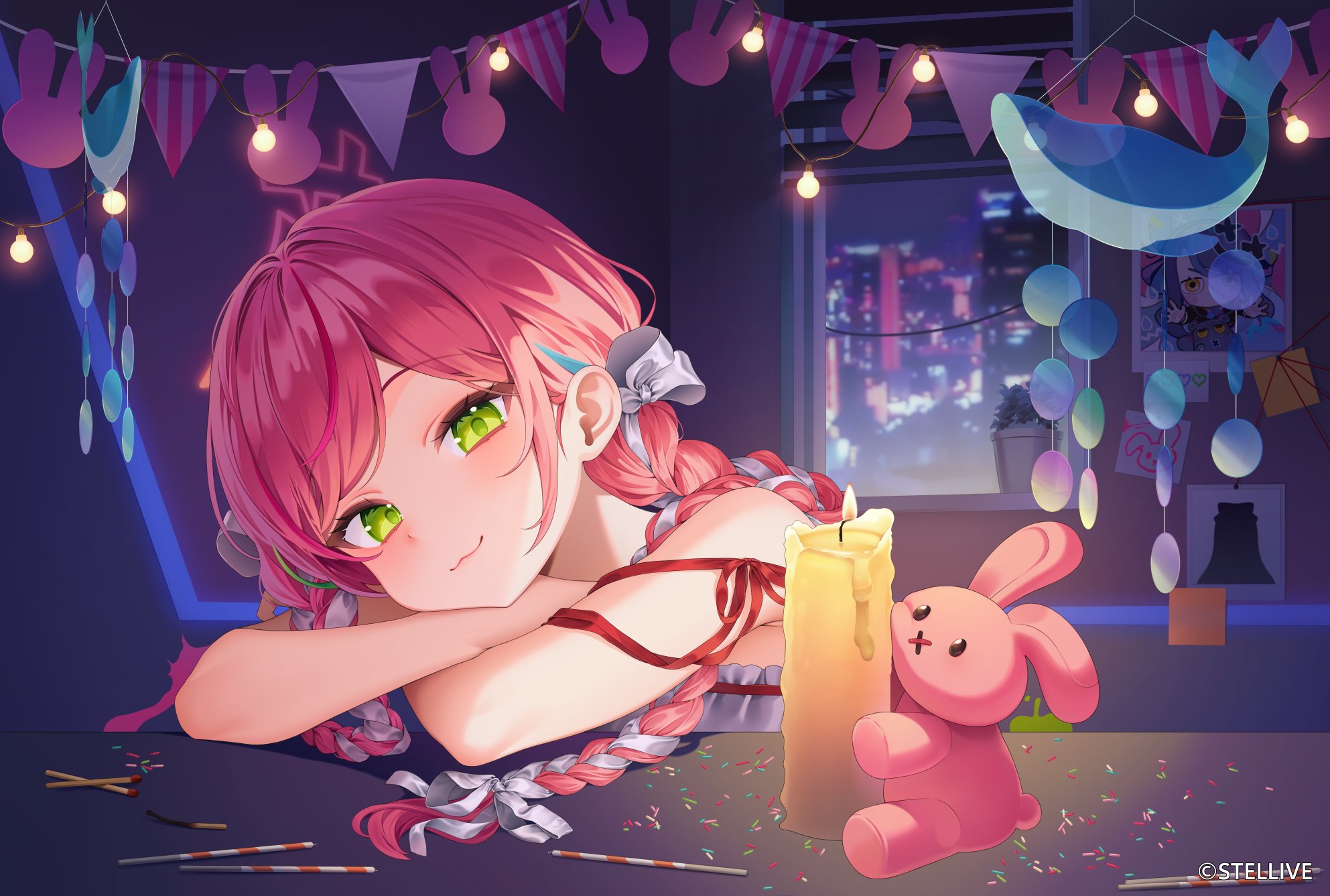 reel (riru), peto (hanako nana), stellive, commentary request, highres, korean commentary, official art, variant set, 1girl, arm pillow, arm ribbon, bow, braid, candle, closed mouth, copyright notice, cropped shoulders, green eyes, hair bow, hair ribbon, indoors, light bulb, long hair, looking at viewer, matches, multicolored hair, night, parted bangs, pink hair, ribbon, ribbon braid, smile, solo, streaked hair, stuffed animal, stuffed rabbit, stuffed toy, virtual youtuber, white bow, white ribbon, window