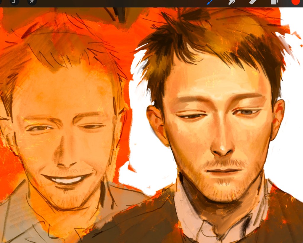 kunnuscumnus, real life, procreate (medium), unfinished, 1boy, art program in frame, asymmetrical eyes, beard stubble, blue eyes, brown hair, collared shirt, facial hair, half-closed eyes, looking at viewer, looking down, multiple views, portrait, procreate (software), shirt, short hair, sketch, smile, stubble, teeth, thom yorke, white shirt