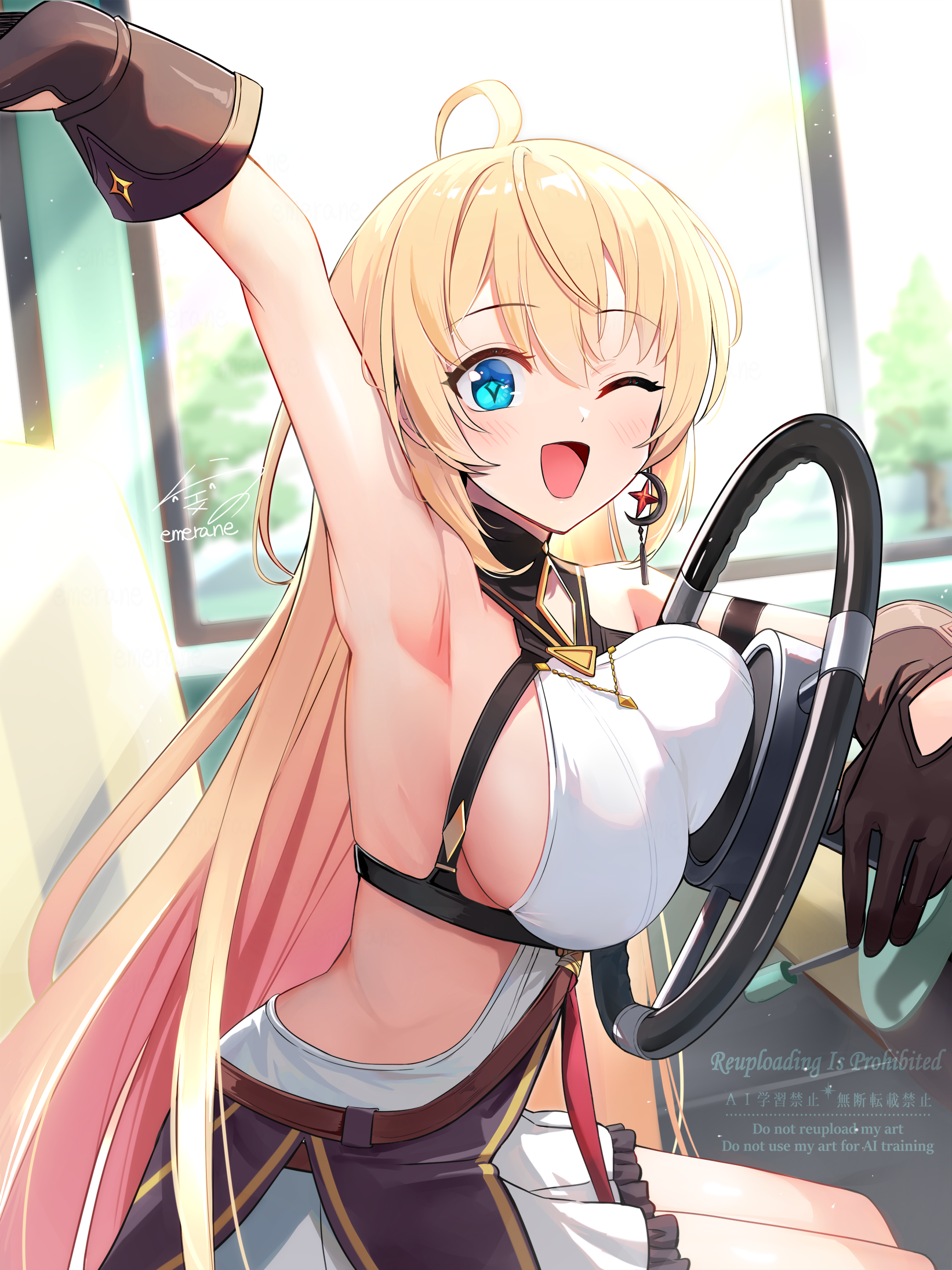 emerane, noya (stella sora), stella sora, commentary request, highres, 1girl, ahoge, arm up, armpits, artist name, backless dress, backless outfit, bare shoulders, blonde hair, blue eyes, breast press, breasts, brown gloves, car interior, chest harness, diamond-shaped pupils, diamond (shape), dress, earrings, from side, gloves, gradient hair, harness, jewelry, large breasts, long hair, looking at viewer, multicolored hair, one eye closed, open mouth, orange hair, shirt, sideboob, sideless shirt, signature, single earring, sitting, sleeveless, sleeveless shirt, smile, solo, steering wheel, symbol-shaped pupils, tree, vehicle interior, very long hair, white dress, white shirt
