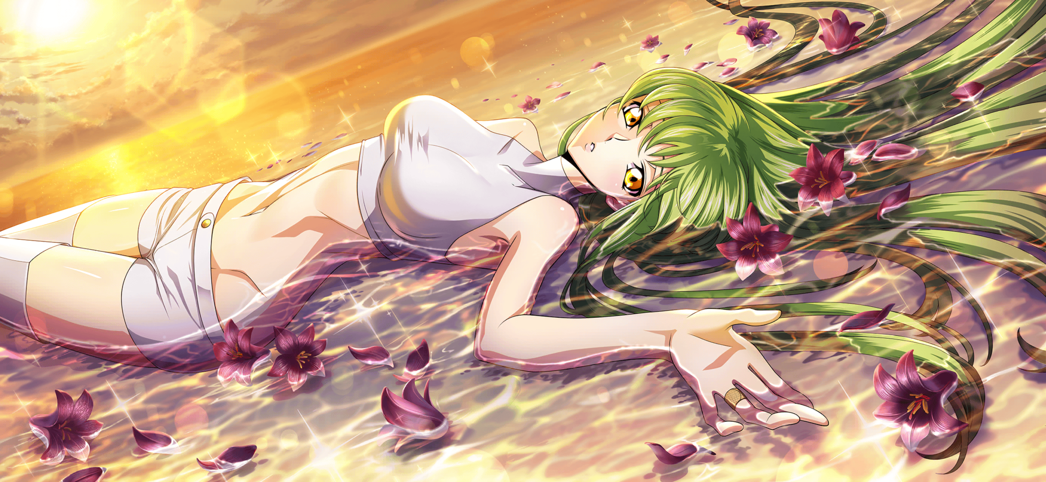 f4samurai, c.c., code geass, code geass: lost stories, game cg, highres, official art, 1girl, bare shoulders, breasts, gradient sky, green hair, long hair, long sleeves, looking at viewer, medium breasts, orange sky, shirt, sky, solo, sports bra, sunset, thighhighs, water, white shirt, white thighhighs, yellow eyes