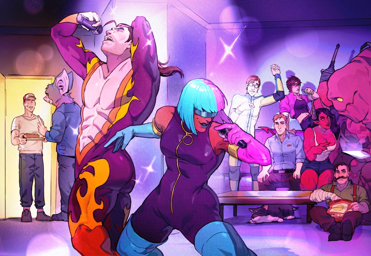 bluegiragi, beef (dispatch), flambae (dispatch), golem (dispatch), invisigal (dispatch), malevola (dispatch), prism (dispatch), punch up (dispatch), robert robertson, sonar (dispatch), waterboy (dispatch), dispatch, commentary, english commentary, 3girls, 6+boys, animal ears, bat boy, bat ears, black hair, blue hair, closed eyes, couch, demon girl, demon horns, demon tail, dog, eating, facial hair, goggles, holding, holding microphone, horns, looking at another, looking to the side, microphone, multicolored hair, multiple boys, multiple girls, music, mustache, on couch, on floor, open mouth, pink hair, ponytail, singing, sitting, sleeping, smile, sparkle, spotlight, superhero costume, sword, tail, tongue, tongue out, weapon