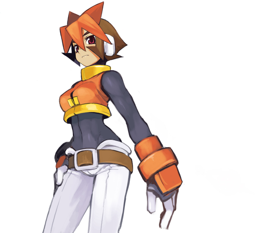 shigehiro (hiroi heya), atlas (mega man), capcom, mega man (series), mega man zx, mega man zx advent, 1girl, brown hair, colored bangs, female focus, multicolored hair, red eyes, red hair, short hair, solo, toned, toned female, two-tone hair