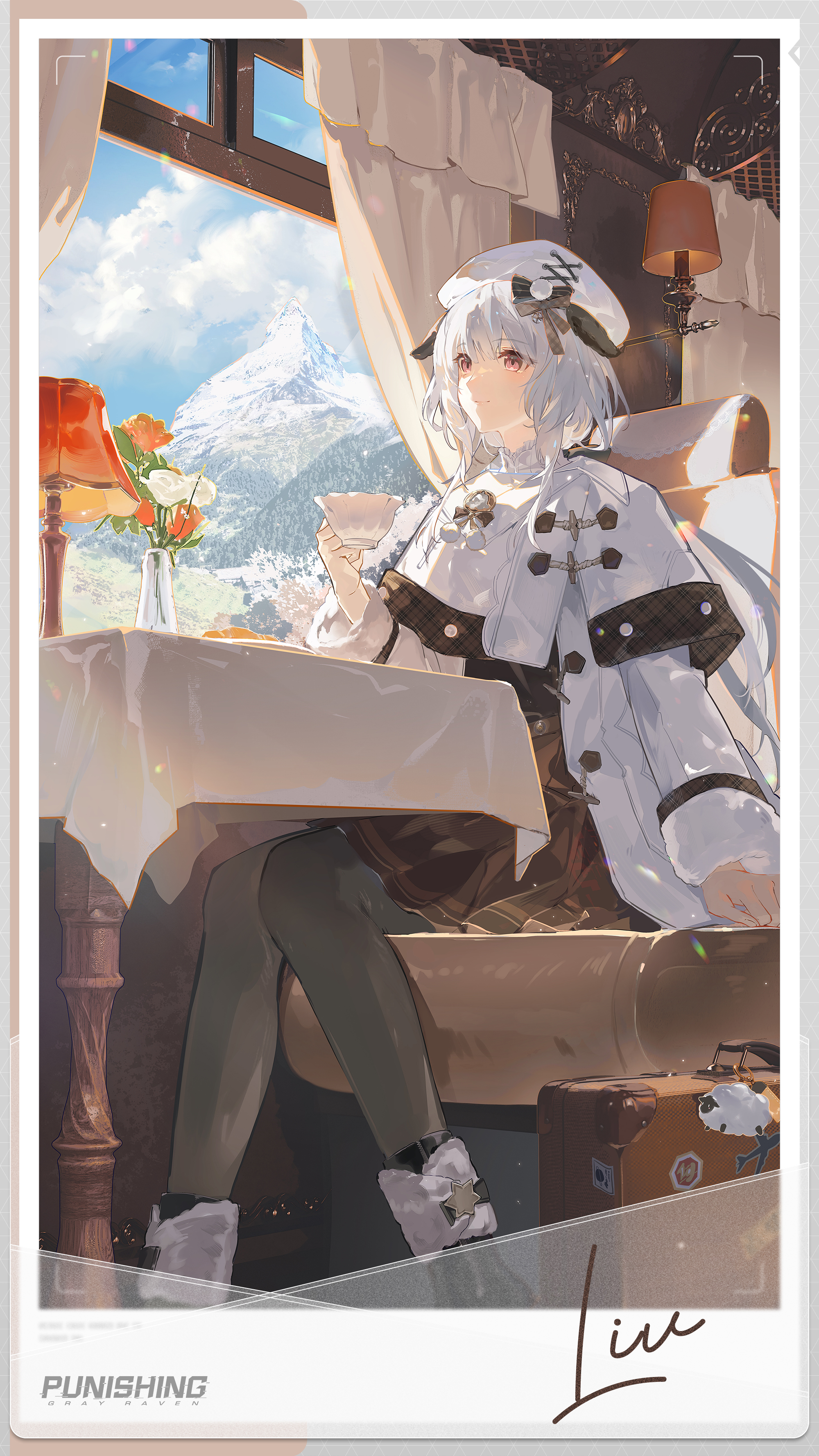 liv (pgr), punishing: gray raven, absurdres, commentary, english commentary, highres, official art, 1girl, arm up, black boots, black pantyhose, boots, brown skirt, capelet, character name, closed eyes, cloud, copyright name, cup, curtains, day, flower, hat, holding, holding cup, indoors, jacket, lamp, light smile, mountain, open clothes, open jacket, pantyhose, picture frame, purple eyes, red flower, red rose, rose, sitting, skirt, sky, solo, suitcase, table, teacup, vase, white capelet, white flower, white hair, white hat, white jacket, white rose, window