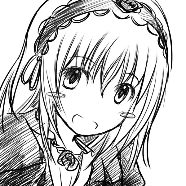 suigintou, rozen maiden, 00s, greyscale, hairband, monochrome, sketch, smile, solo