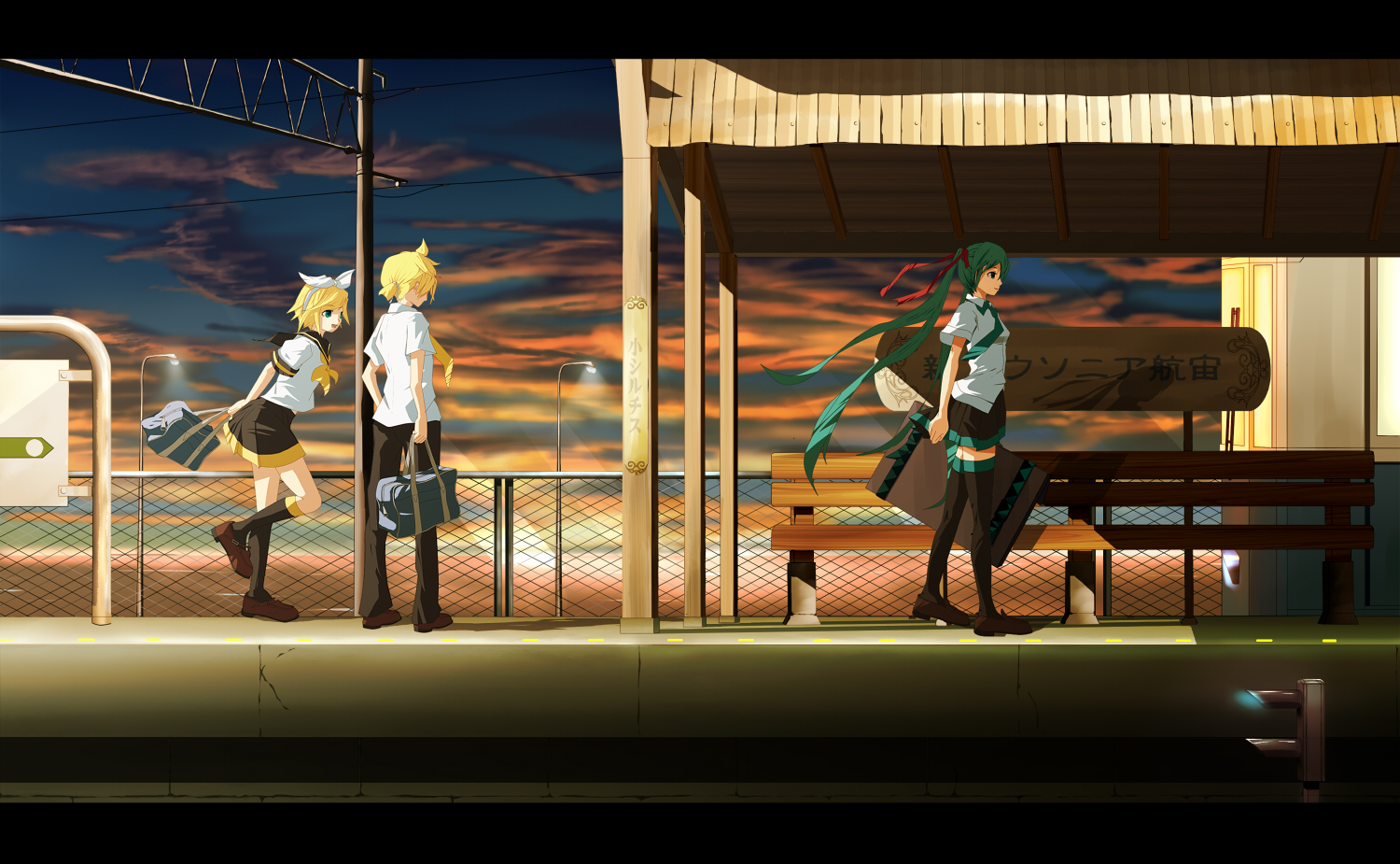 eto, hatsune miku, kagamine len, kagamine rin, vocaloid, bag, hair ribbon, letterboxed, long hair, necktie, railroad signal, ribbon, school uniform, short hair, siblings, sunset, thighhighs, traffic light, twins, twintails, zettai ryouiki