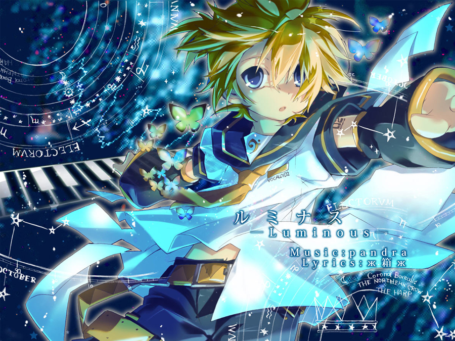 hekicha, kagamine len, vocaloid, 1boy, blonde hair, blue eyes, bug, butterfly, male focus, necktie, short hair, shorts, solo