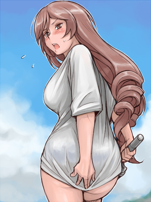 tsuda nanafushi, suiseiseki, rozen maiden, 00s, 1girl, aged up, blush, bottomless, breasts, brown eyes, brown hair, female focus, fishing rod, from behind, large breasts, long hair, solo