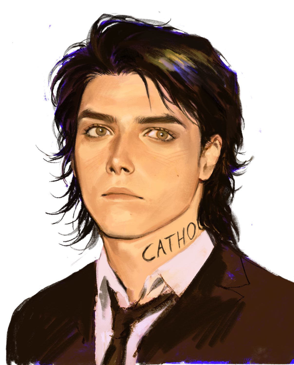 kunnuscumnus, my chemical romance, real life, highres, unfinished, 1boy, black hair, black jacket, black necktie, blazer, closed mouth, collared shirt, forked eyebrows, gerard way, green eyes, jacket, looking to the side, mullet, neck tattoo, necktie, portrait, realistic, shirt, side part, simple background, tattoo, white background, white shirt