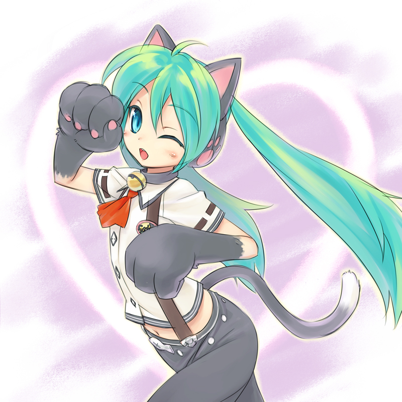 mizuki kotora, hatsune miku, hatsune miku (nyan ko), project diva, project diva (series), vocaloid, bad id, bad pixiv id, 1girl, ahoge, animal ears, aqua hair, blue eyes, cat ears, cat girl, cat tail, female focus, gloves, long hair, midriff, one eye closed, solo, tail, twintails, wink