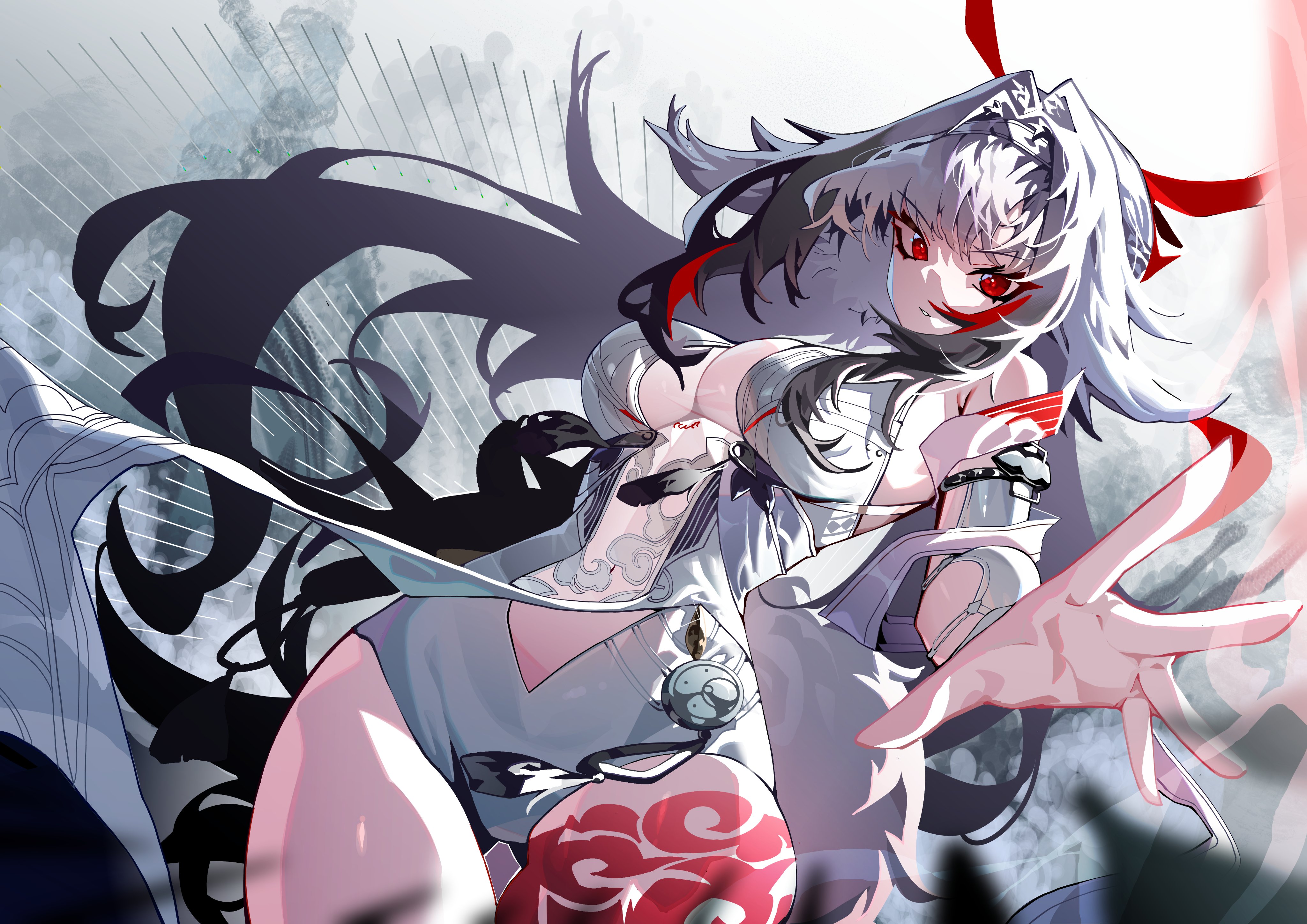 its2h35, ye shunguang, zenless zone zero, absurdres, hashtag-only commentary, highres, 1girl, armlet, bare shoulders, breasts, china dress, chinese clothes, clothing aside, cowboy shot, dress, droopy ears, gluteal fold, hair intakes, hairband, jewelry, leg tattoo, long hair, looking at viewer, medium breasts, official alternate hair color, parted lips, pelvic curtain, pelvic curtain aside, red eyes, see-through clothes, silver armlet, solo, tail, tattoo, very long hair, white dress, white hair, white hairband