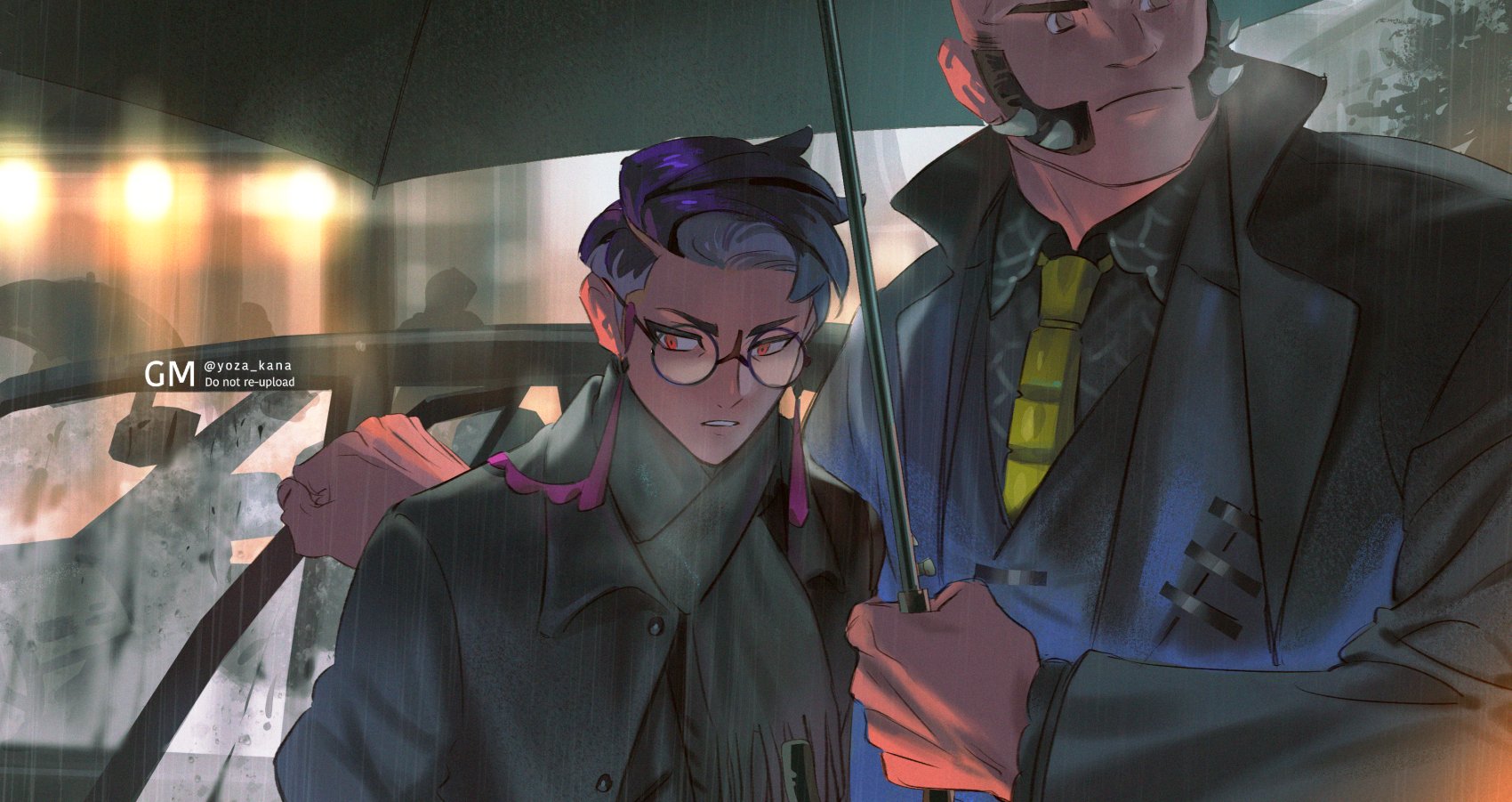 yotsuban, corbeau (pokemon), philippe (pokemon), nintendo, pokemon, pokemon legends: z-a, highres, black coat, black suit, car, car door, coat, collared shirt, eyewear strap, formal clothes, glass, glasses, grey shirt, holding, holding umbrella, motor vehicle, necktie, opening door, purple hair, rain, round eyewear, scarf, shirt, short hair, sideburns, suit, umbrella, yellow eyes, yellow necktie