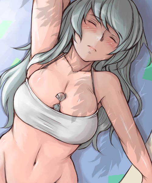 tsuda nanafushi, suigintou, rozen maiden, silver hair, 00s, 1girl, aged up, bikini, bottomless, breasts, female focus, groin, large breasts, long hair, sleeping, snail, solo, swimsuit
