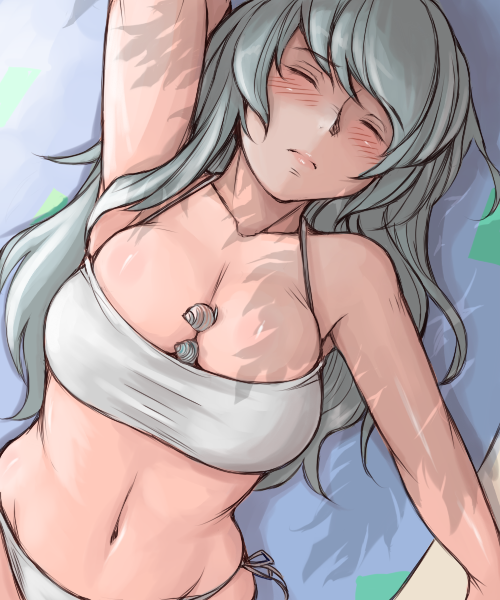 tsuda nanafushi, suigintou, rozen maiden, silver hair, 00s, aged up, bikini, breasts, large breasts, long hair, midriff, sleeping, snail, solo, swimsuit