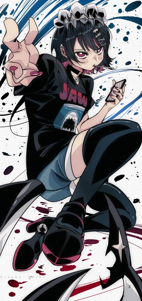 kinakomochi (user vedc2333), ellen joe, zenless zone zero, commentary, 1girl, alternate costume, artist name, black choker, black hair, black shirt, black shoes, black thighhighs, blue shorts, blush, bright pupils, cellphone, choker, colored inner hair, earclip, fins, fish tail, hairband, holding, holding phone, knee up, lollipop in mouth, maid headdress, metal hairband, mole, mole under eye, multicolored hair, phone, print shirt, razor blade hair ornament, red eyes, red nails, scar, scar on tail, shark girl, shark tail, shirt, shoes, short hair, shorts, solo, spiked headband, tail, thighhighs, white background, white pupils