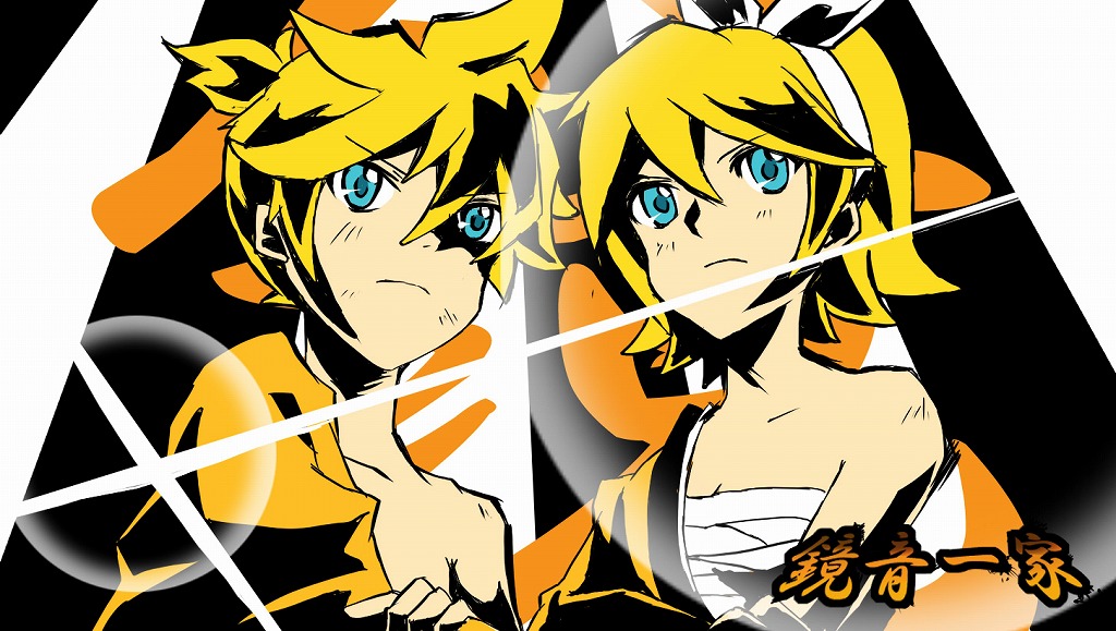 shion souta, kagamine len, kagamine rin, gekokujou (vocaloid), tengen toppa gurren lagann, vocaloid, 1boy, 1girl, blonde hair, blue eyes, brother and sister, gekokujou, hair ribbon, high contrast, japanese clothes, kimono, lens flare, parody, ribbon, sarashi, short hair, siblings, style parody, twins