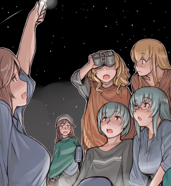 tsuda nanafushi, hinaichigo, shinku, souseiseki, suigintou, suiseiseki, rozen maiden, silver hair, 00s, 5girls, aged up, binoculars, blonde hair, breasts, brown hair, glasses, large breasts, multiple girls, night, night sky, short hair, siblings, sisters, sky, star (sky), star (symbol), starry sky, twins