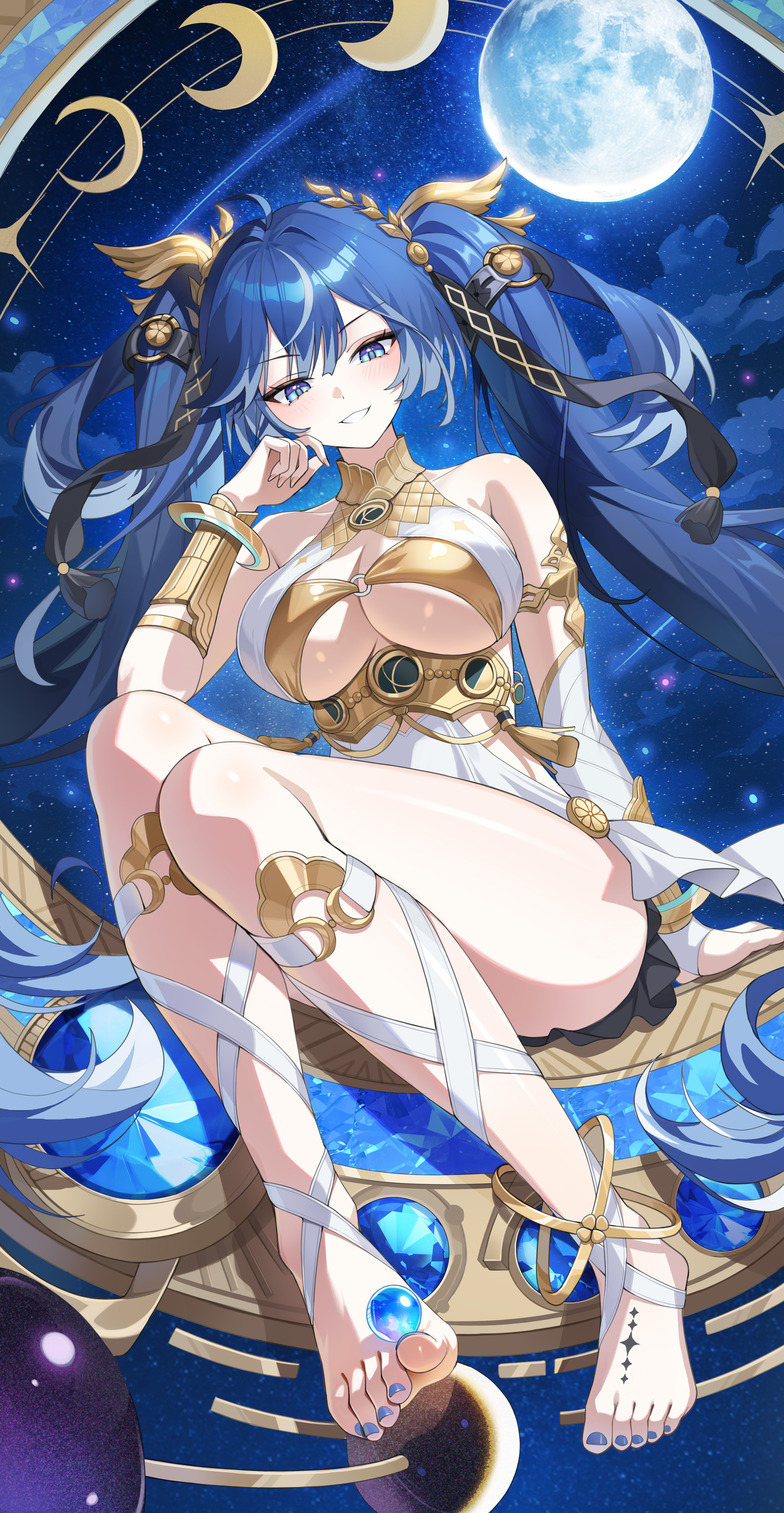 kookie, iuno (wuthering waves), wuthering waves, absurdres, commentary, highres, 1girl, ahoge, ancient greek clothes, armlet, bare shoulders, barefoot, black skirt, blue eyes, blue hair, blue nails, breasts, feet, fingernails, full body, full moon, gold bra, greco-roman clothes, hand up, jewelry, large breasts, laurel crown, leg wrap, light blush, long hair, looking at viewer, moon, multicolored hair, nail polish, orb, parted lips, sitting, skirt, smile, solo, streaked hair, thighs, toenail polish, toenails, toes, twintails, underboob, vambraces, very long hair