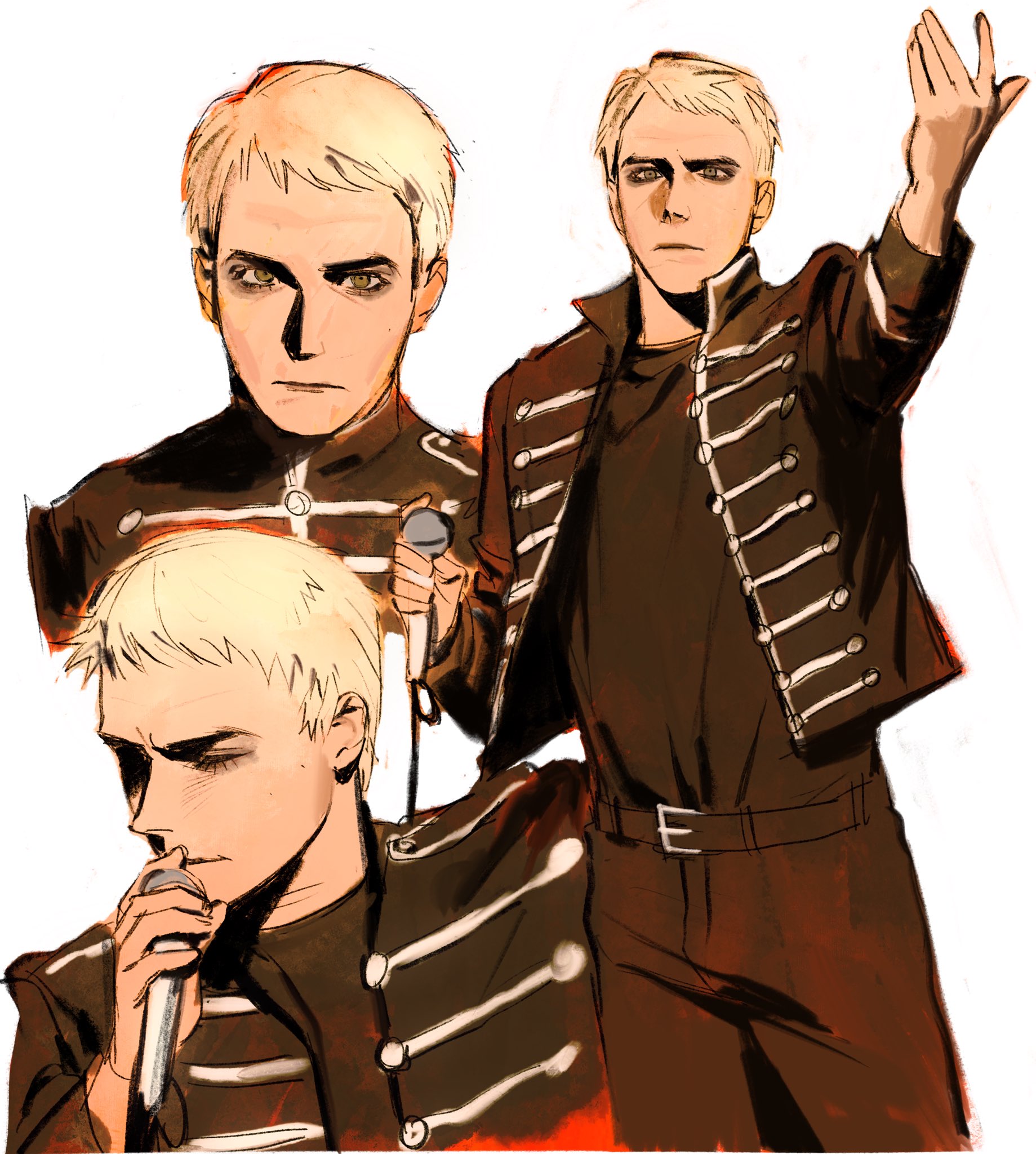 kunnuscumnus, my chemical romance, real life, highres, 1boy, belt, black belt, black jacket, black pants, black shirt, blonde hair, closed eyes, closed mouth, cowboy shot, cropped shoulders, dolman (jacket), eyeshadow, gerard way, green eyes, hand up, holding, holding microphone, jacket, looking at viewer, makeup, microphone, mole, mole on cheek, multiple views, open clothes, open jacket, pants, shirt, shirt tucked in, short hair, simple background, sketch, smokey eyeshadow, white background, white trim