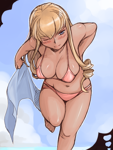 tsuda nanafushi, shinku, rozen maiden, 00s, 1girl, aged up, bikini, blonde hair, blue eyes, blush, breasts, cleavage, dark-skinned female, dark skin, day, dreaming, female focus, large breasts, one eye closed, pink bikini, sky, smile, solo, swimsuit, tan, towel, wink