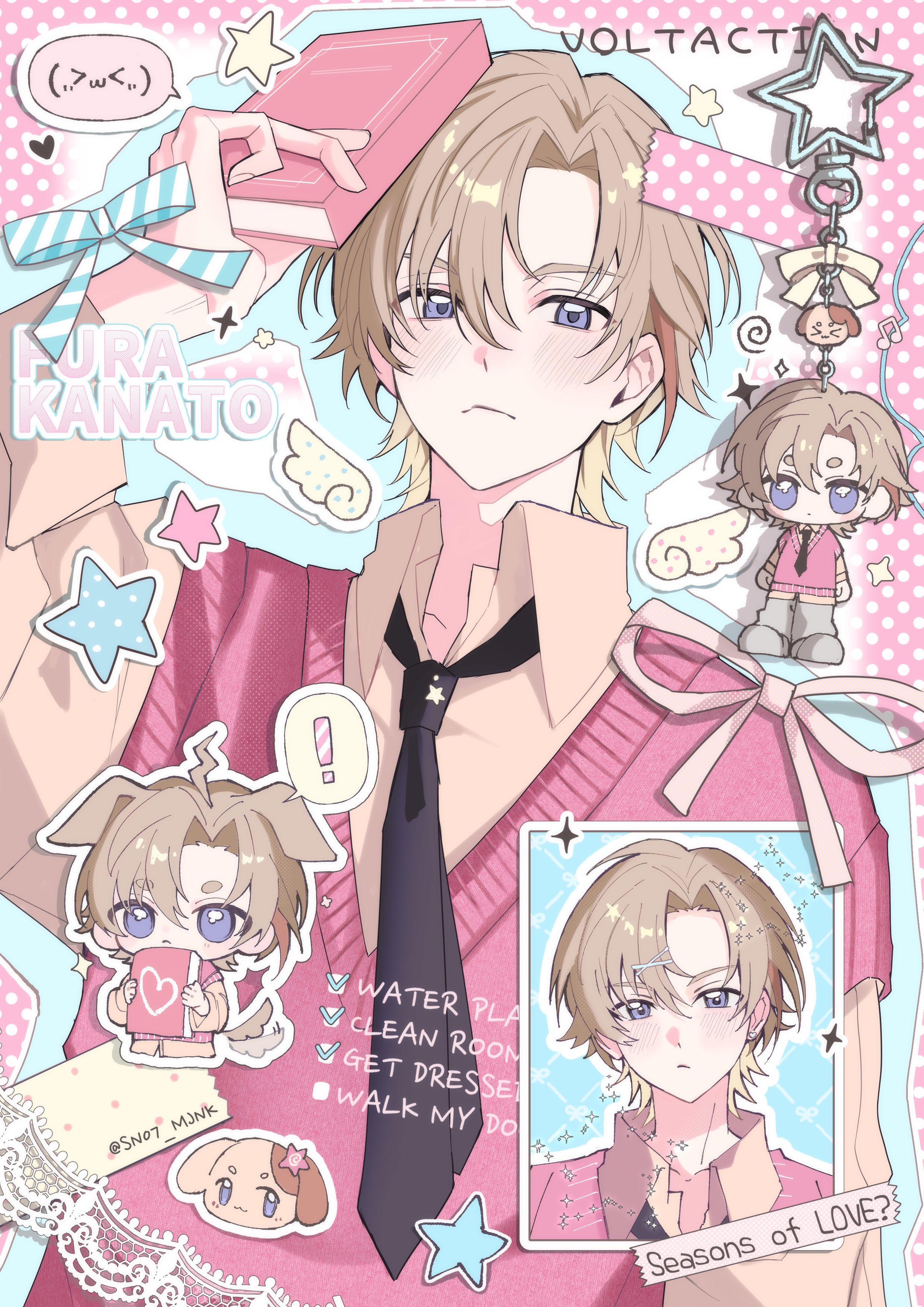 sn07 mjnk, fura kanato, nijisanji, absurdres, highres, 1boy, animal ears, black necktie, blue eyes, border, brown hair, brown shirt, character charm, character name, charm (object), chibi, chibi inset, collared shirt, dog ears, drawn wings, long sleeves, looking at viewer, male focus, necktie, outline, pink vest, polka dot, ribbon, shirt, short hair, star (symbol), vest, virtual youtuber