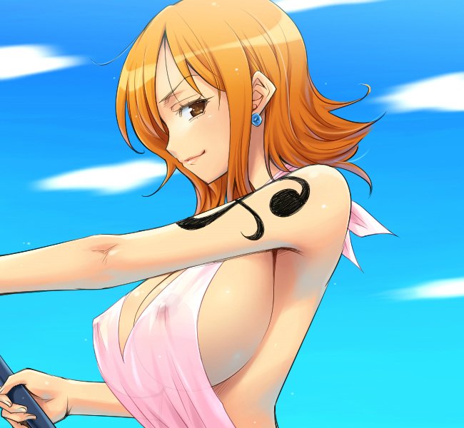 hairu, one piece, nami, breasts, brown eyes, covered erect nipples, earrings, jewelry, large breasts, no bra, orange hair, see-through clothes, short hair, sideboob, tattoo