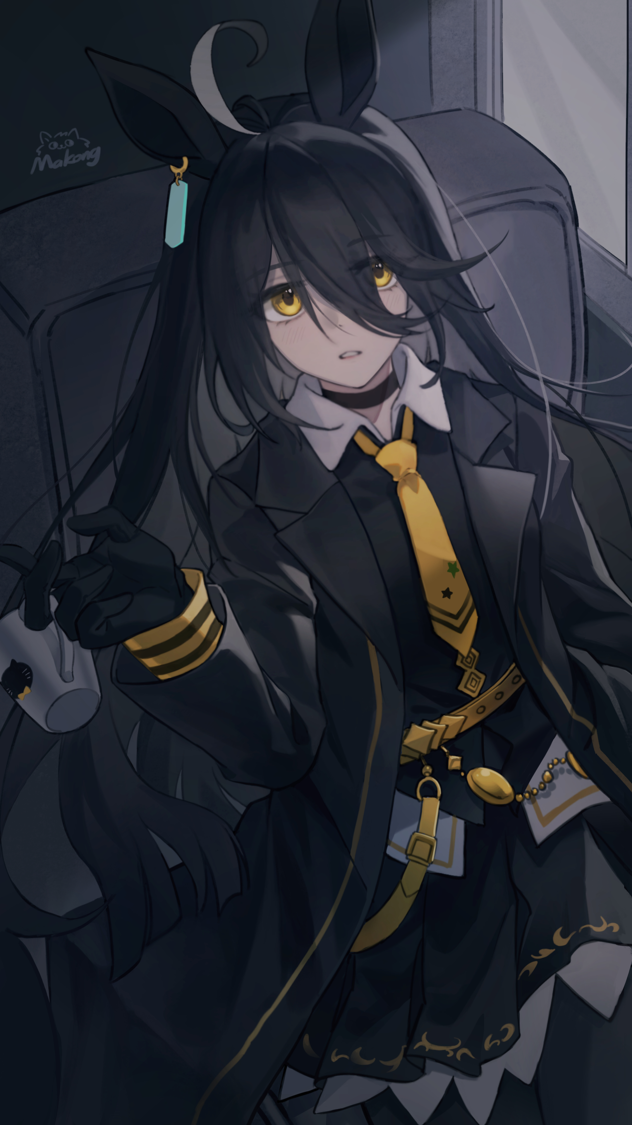 makong6593, manhattan cafe (creeping black) (umamusume), manhattan cafe (umamusume), umamusume, absurdres, commentary request, highres, 1girl, ahoge, animal ears, animal print, artist name, belt, black choker, black coat, black gloves, black hair, black shirt, black skirt, black vest, cat print, chair, choker, coat, coffee mug, collared shirt, couch, cup, ear ornament, ear tag, earrings, english text, engrish text, expressionless, gloves, hair between eyes, hand up, hem peeking out, holding, holding cup, horse ears, horse girl, horse tail, indoors, jewelry, long bangs, long hair, long hair between eyes, long sleeves, looking at viewer, mug, multicolored hair, necktie, on couch, open clothes, open coat, parted lips, pleated skirt, ranguage, shirt, signature, single earring, sitting, skirt, solo, tail, very long hair, vest, white hair, white shirt, window, yellow belt, yellow eyes, yellow necktie