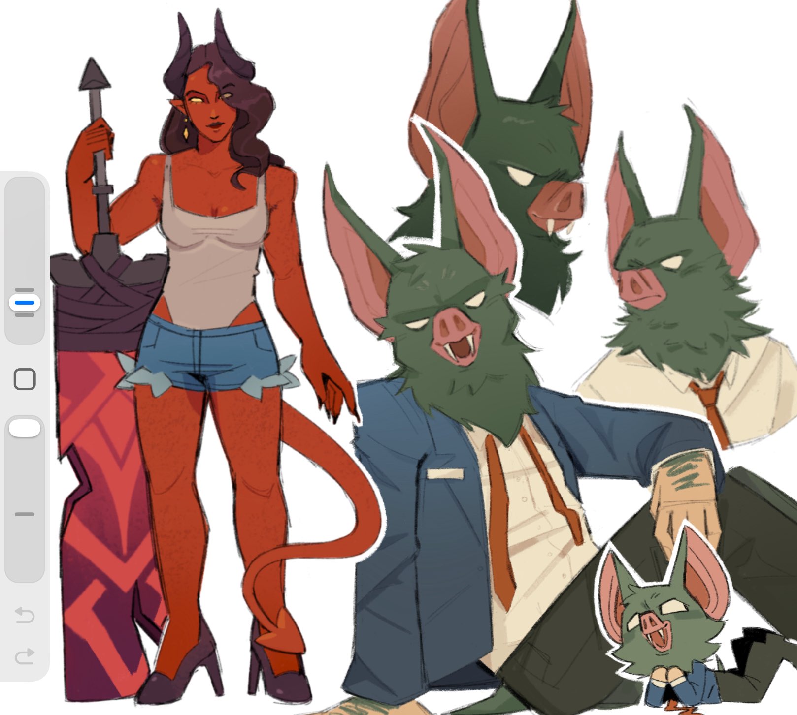 malevola (dispatch), sonar (dispatch), dispatch, commentary, english commentary, highres, unfinished, 1boy, 1girl, animal ears, art program in frame, bat boy, bat ears, black hair, blue suit, chibi, closed mouth, demon girl, demon horns, demon tail, denim, denim shorts, fangs, fangs out, formal clothes, horns, looking at viewer, necktie, open mouth, red necktie, riiyuuu, shirt, shorts, smile, suit, tail, tank top, white shirt, white tank top